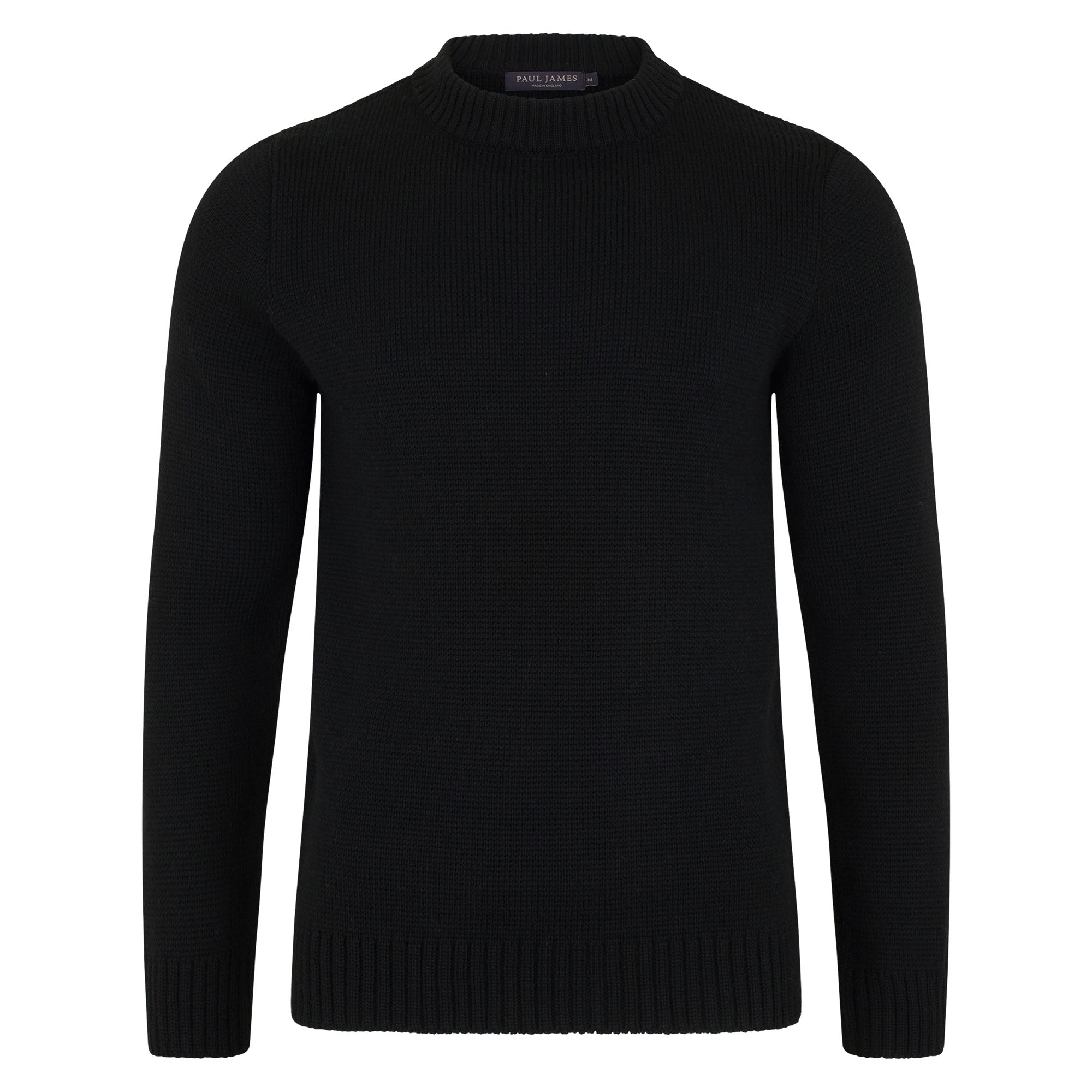 Mens Chunky Merino Wool Aldridge Crew Neck Jumper - Black Medium Paul James Knitwear