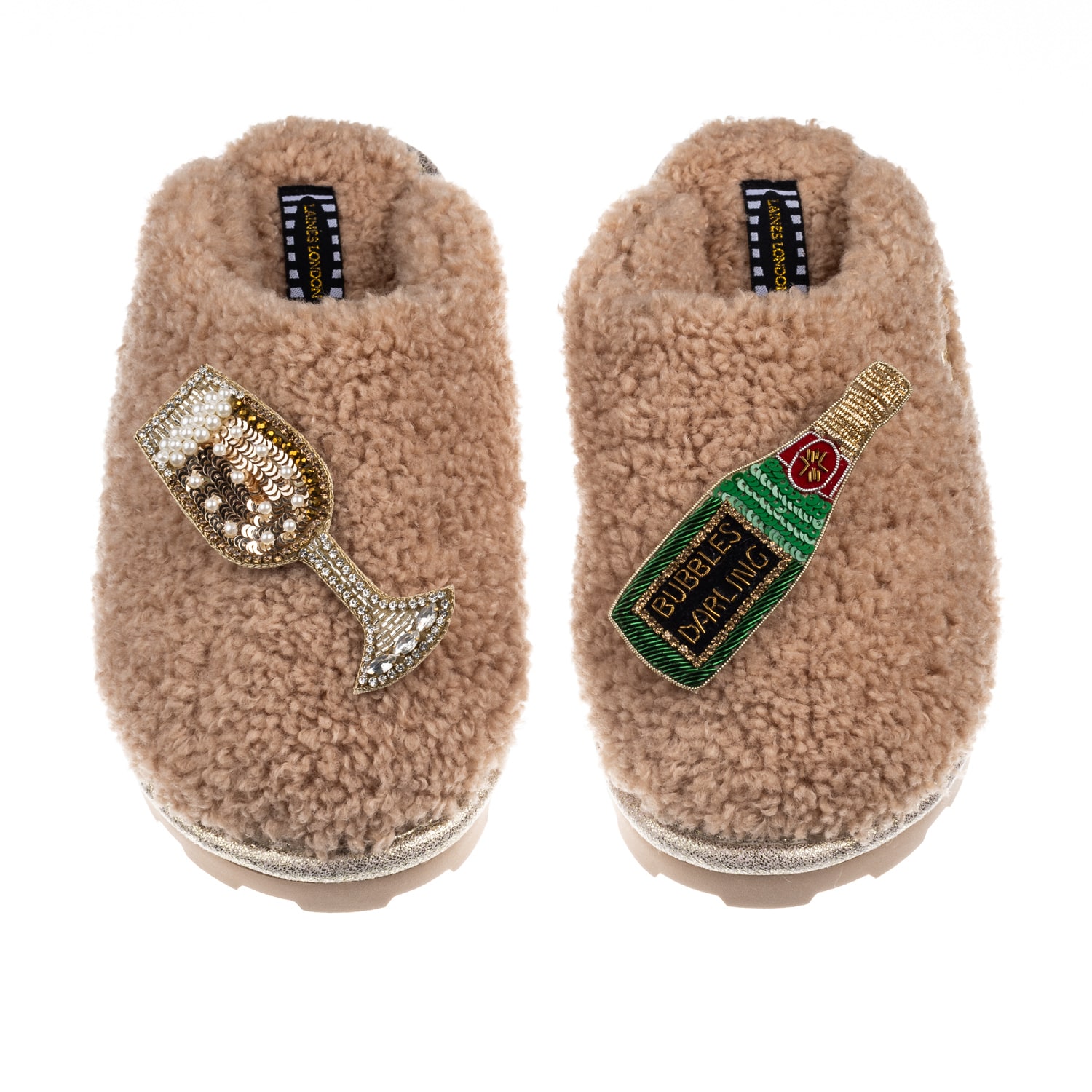 Women’s Brown Teddy Towelling Closed Toe Slippers With Bubbles Darling Brooches - Toffee Small Laines London