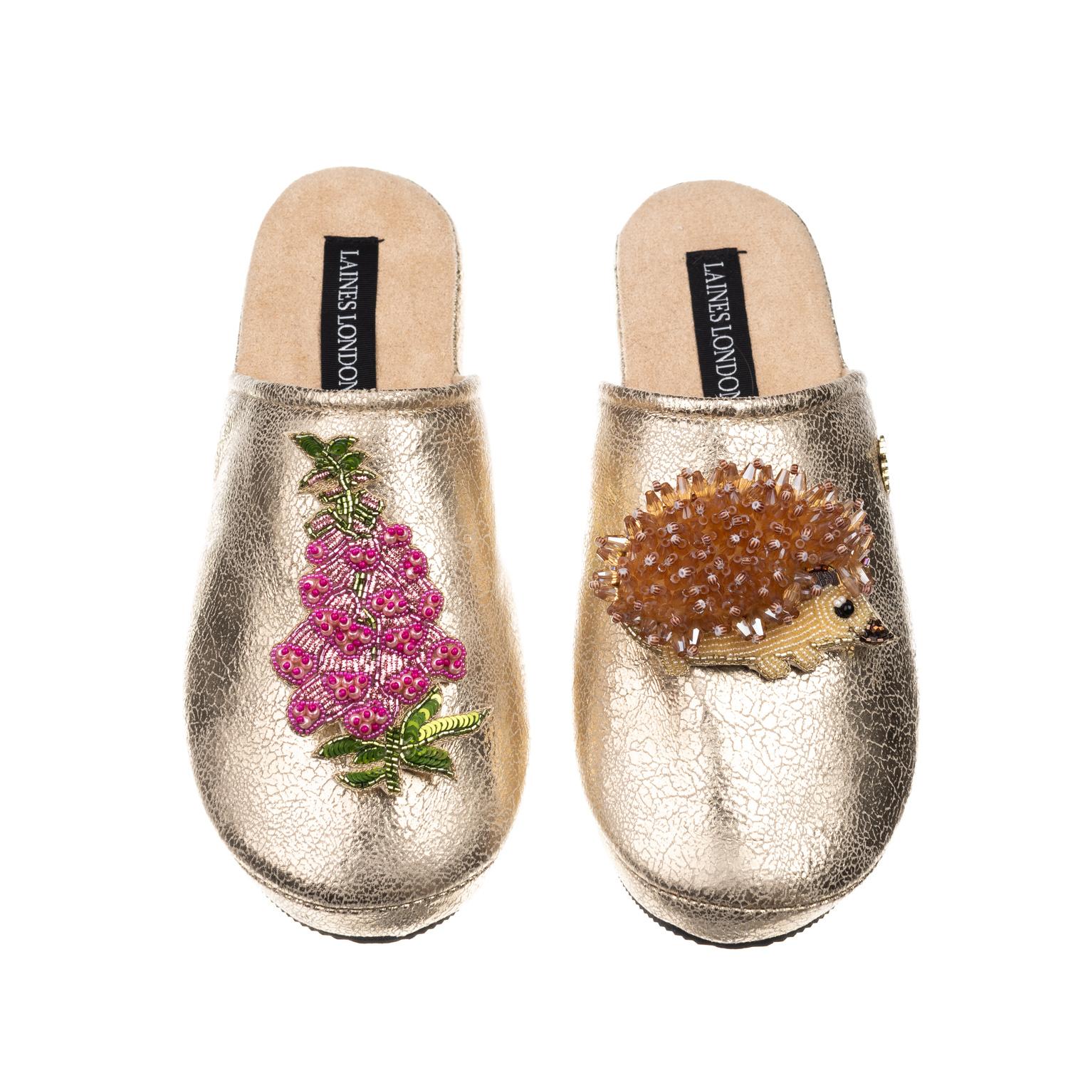 Laines London Women's  Gold Softie Slippers With Hedgehog & Pink Foxglove Brooches In Gold