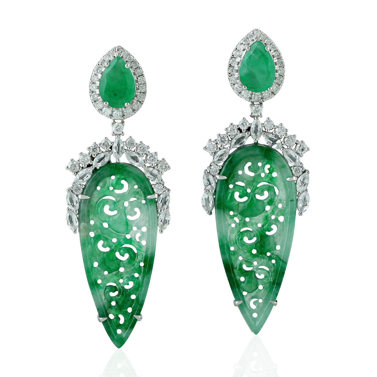 Women’s Green / White 18K White Gold Carving Jade Emerald Sapphire Diamond Earrings Artisan