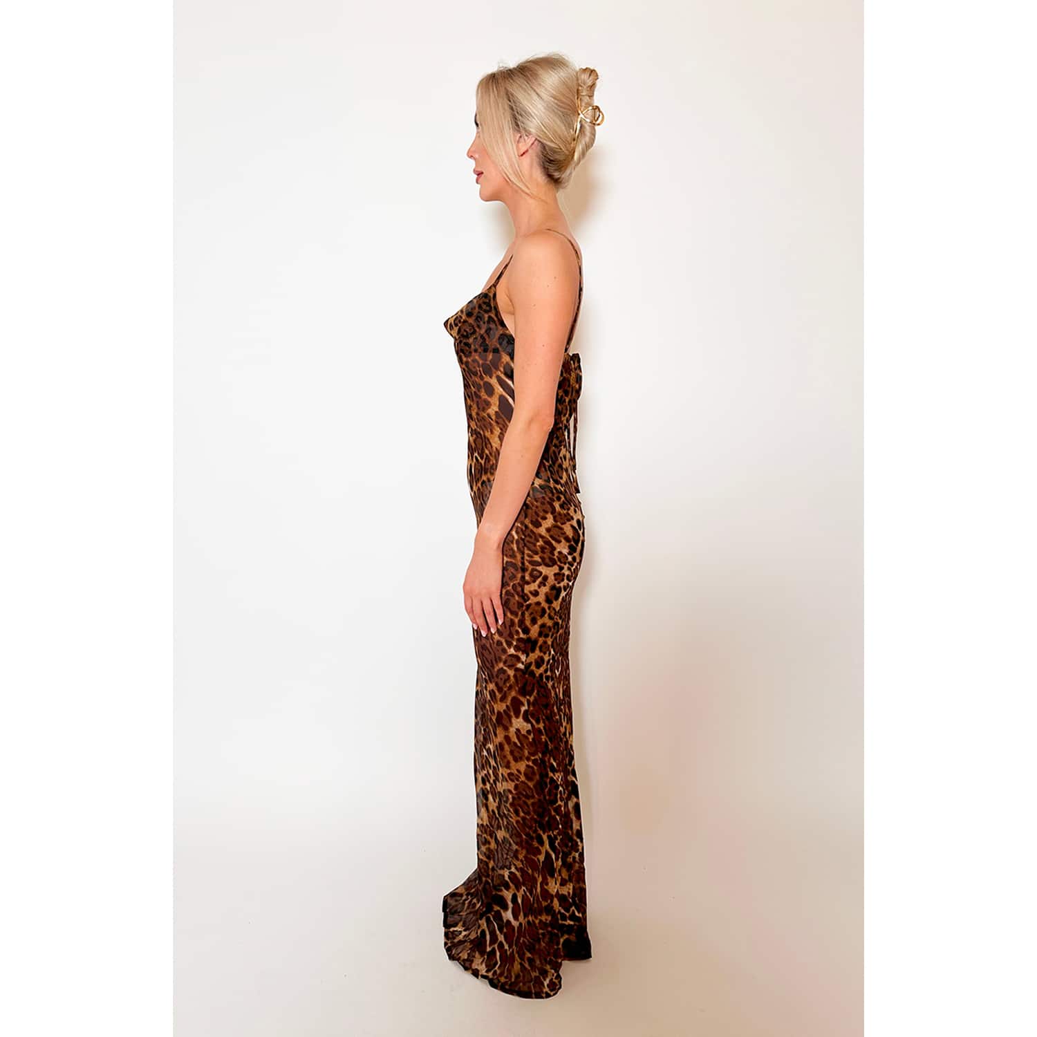 Amaanalux Sheer Leopard Print Maxi Dress With Cowl Neckline - Brown/black