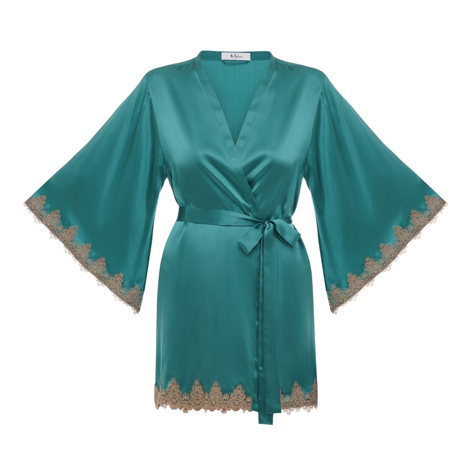 Kâfemme Women's Green Silk Short Robe With Lace