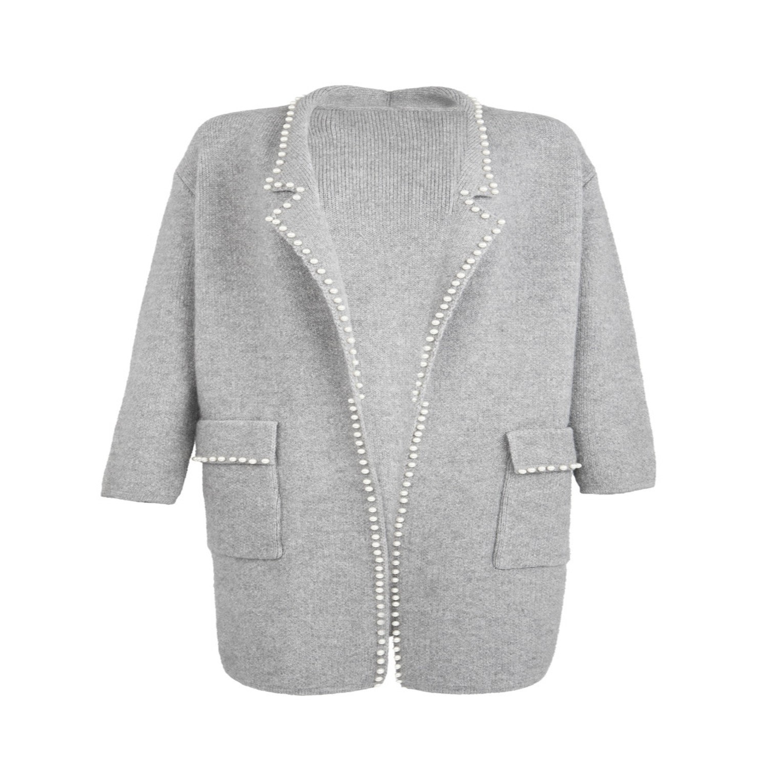 Saachi Women's Pearl Trim Long Knit Grey Blazer In Animal Print