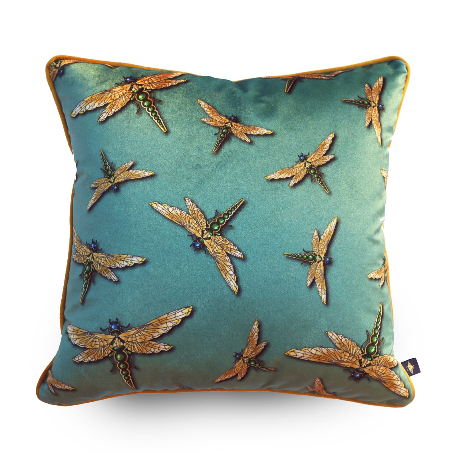 Green / Gold Dragonfly Swarm Sage Velvet Cushion The Curious Department