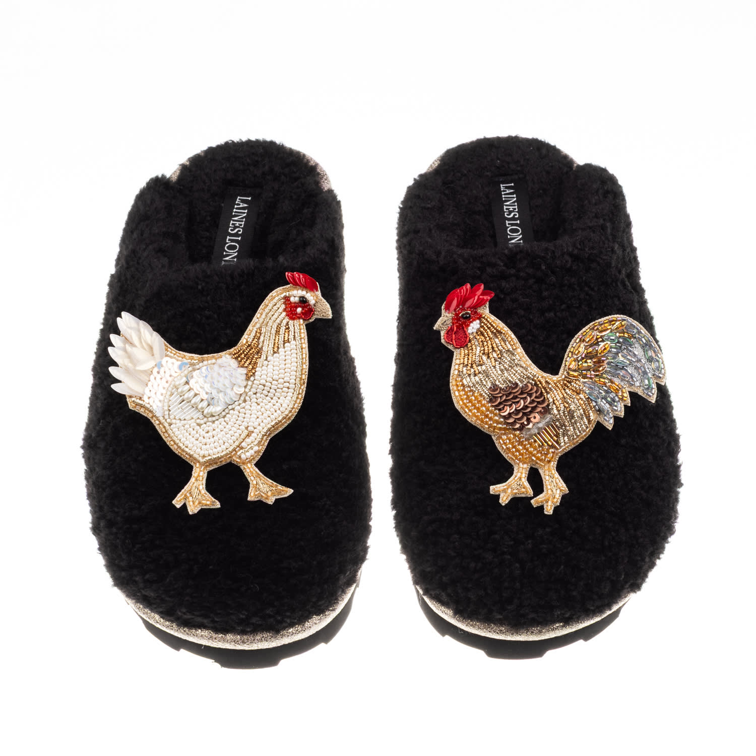 Laines London Women's Teddy Closed Toe Slippers With Chicken & Cockrel Brooches - Black In Black