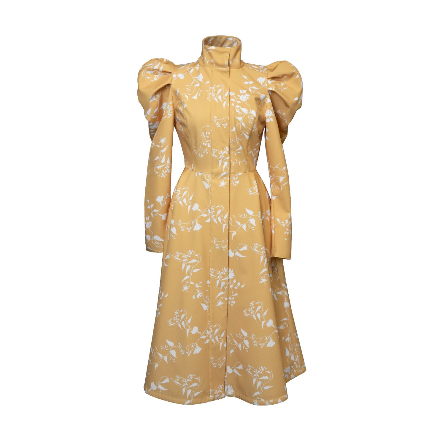 Rainsisters Women's Yellow / Orange Yellow Coat With Balloon-styled Sleeves And White Floral Print: Majestic Yel