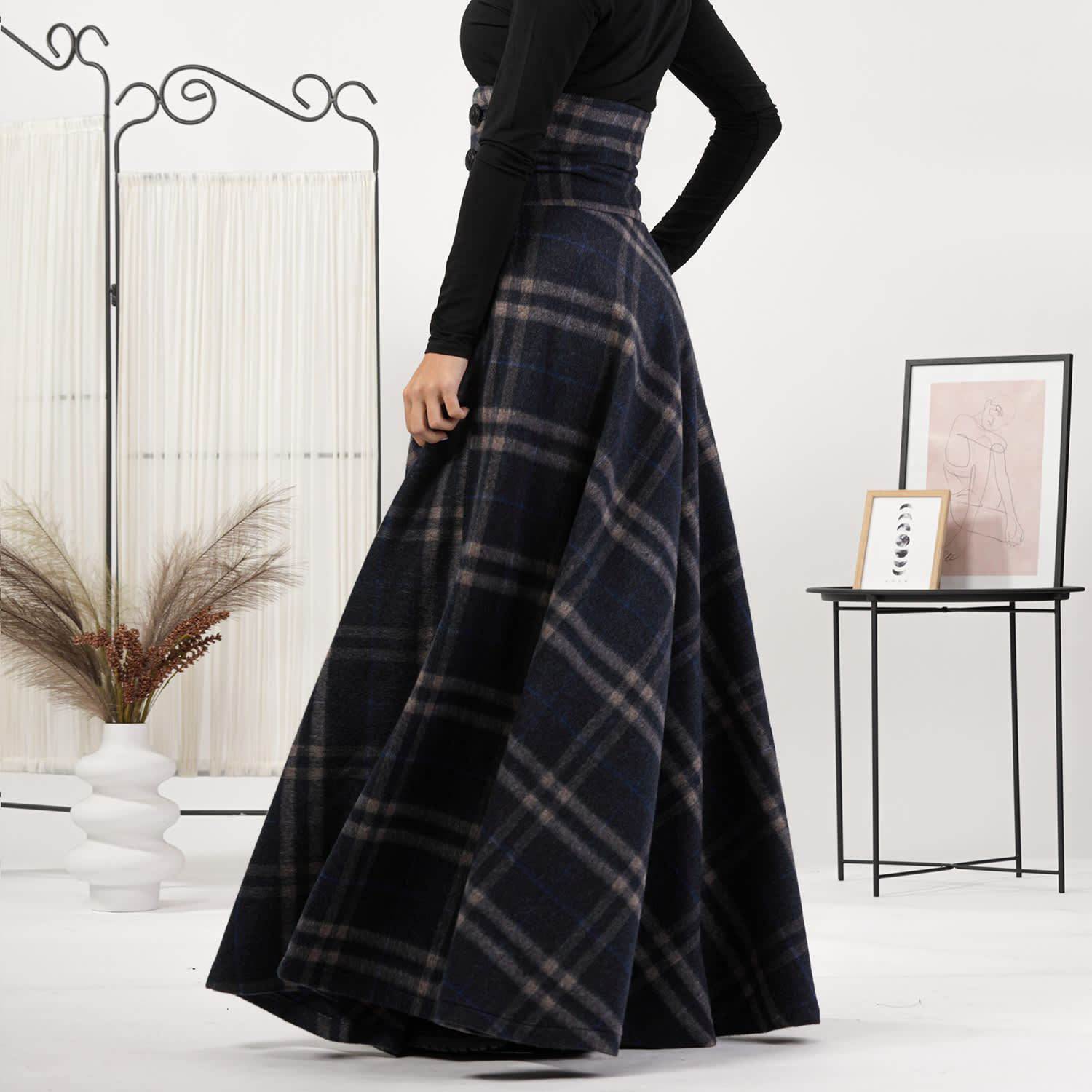 【HI FI FNK】(W) Rier Checked Wool Skirt Wool Tartan Floor Length Skirt With Ultra High Waist In