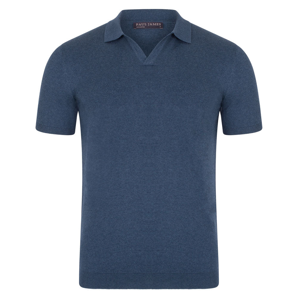 Paul James Knitwear Men's Ultra Fine Cotton Nathan Buttonless Polo Shirt - Blue Melange In Blue