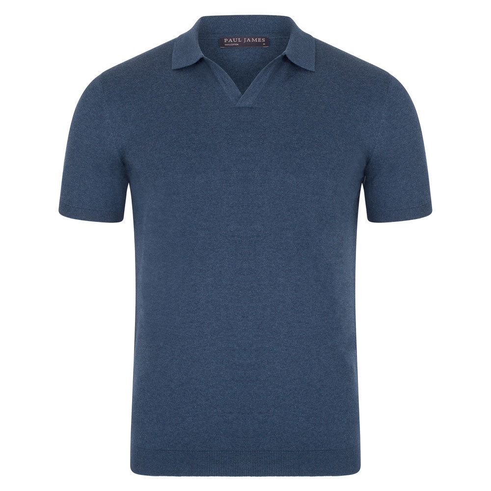 Men’s Ultra Fine Cotton Nathan Buttonless Polo Shirt - Blue Melange Small Paul James Knitwear