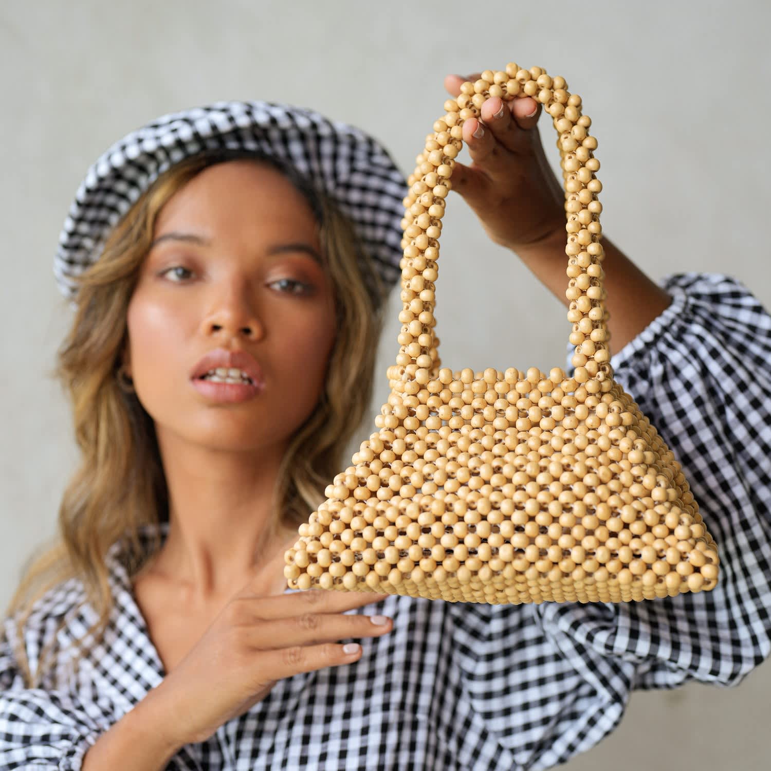 Pyramid Beaded Tote Bag In Toasted Beige, Wolf 
Badger 
