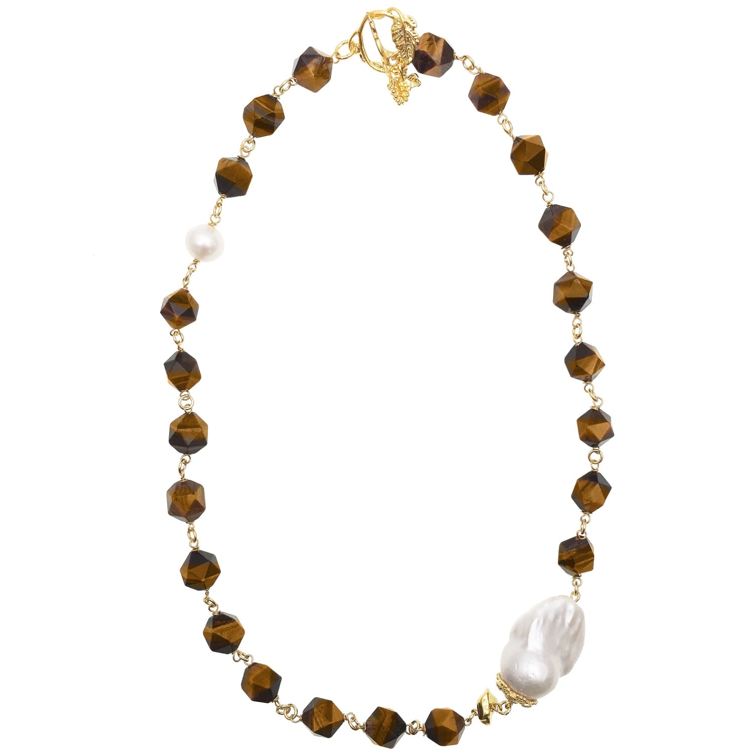 Farra Women's Brown Tiger Eye Stones With Baroque Short Necklace