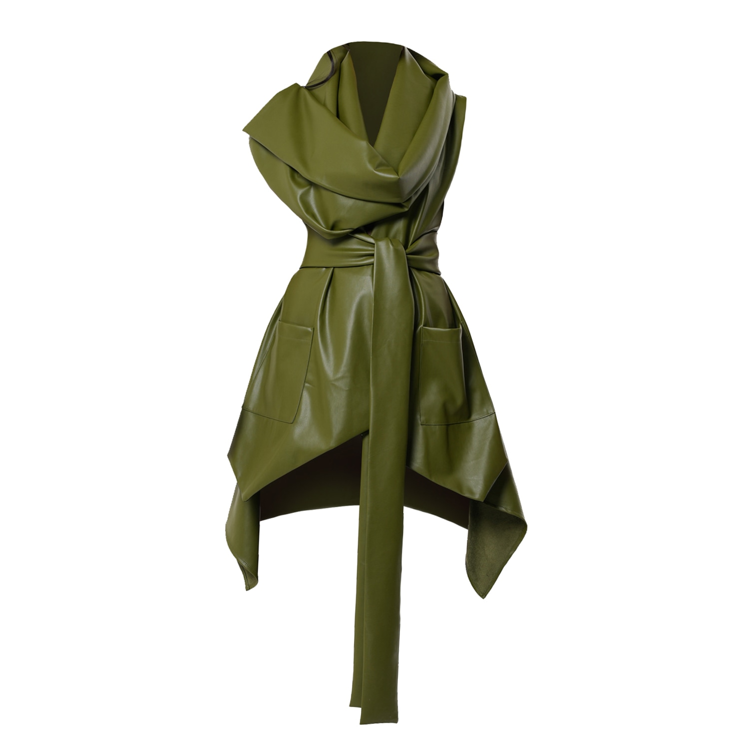 Women&rsquo;s Vegan Leather Vest With Belt In Green | XXL | Metamorphoza