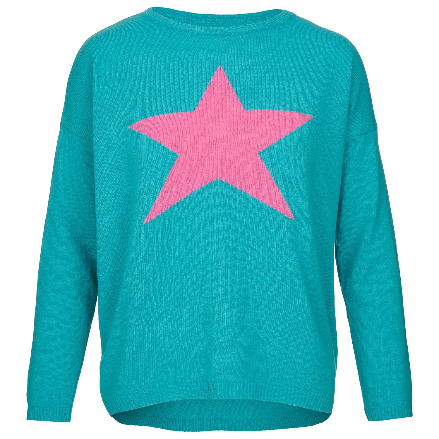 At Last... Women's Blue / Pink / Purple Cashmere Mix Sweater In Turquoise With Pink Star