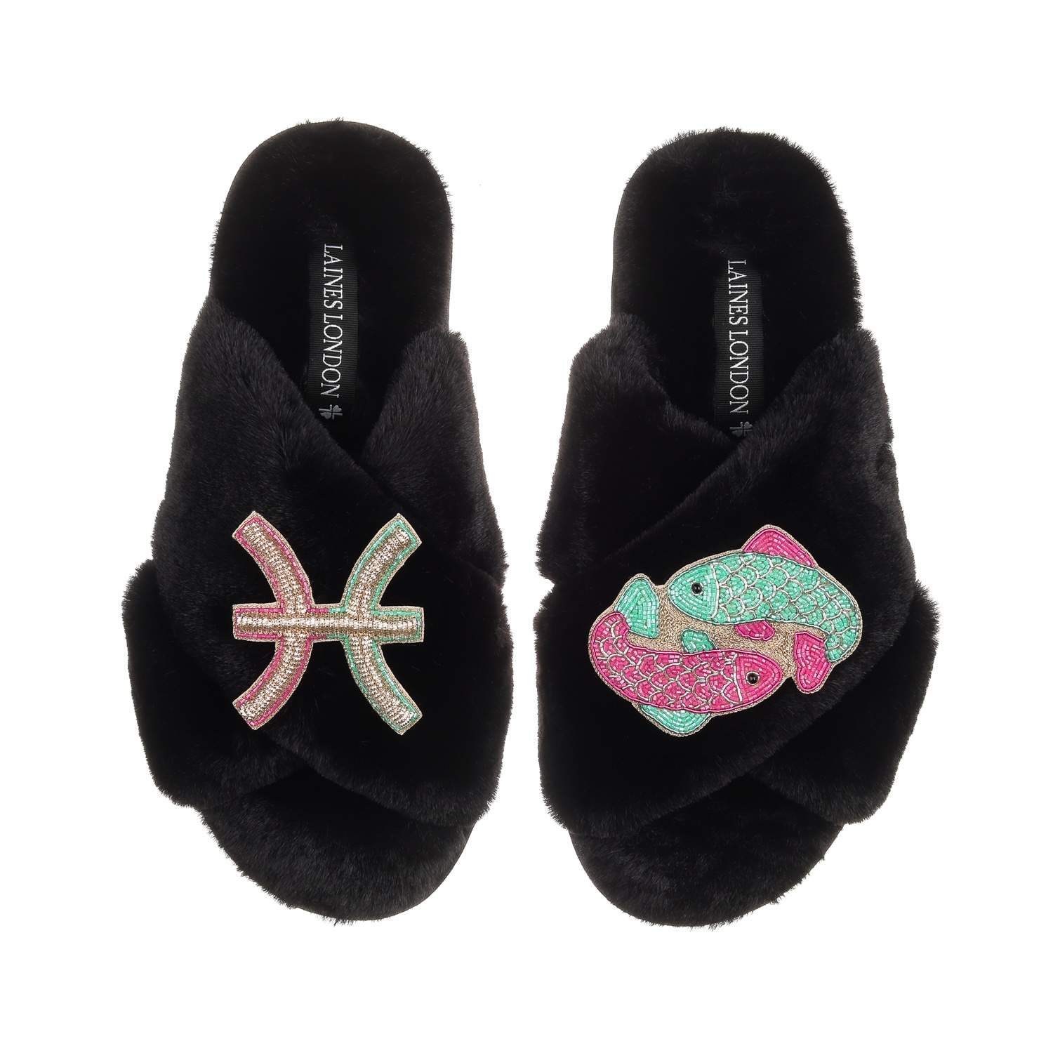 Laines London Women's Classic Laines Slippers With Pisces Zodiac Brooches - Black In Black
