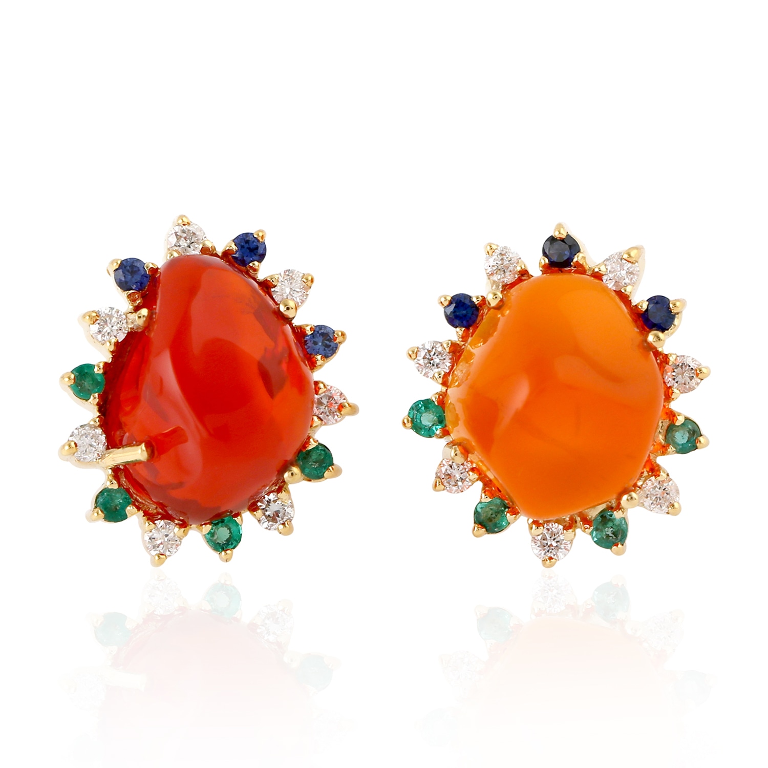 Artisan Women's 18k Gold Fire Opal & Blue Sapphire Emerald Diamond Stud Earrings In Orange