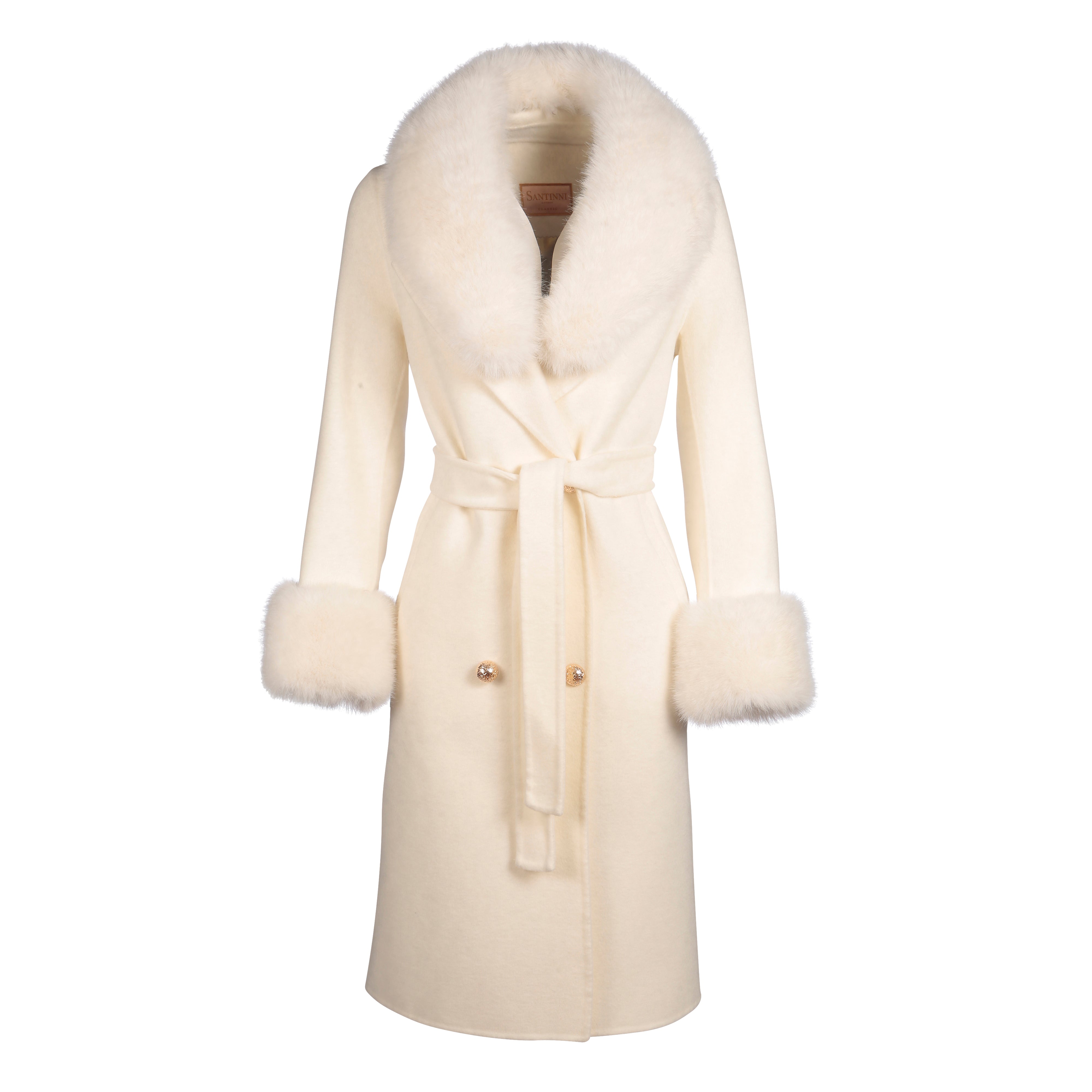 Women’s ’Marlene’ 100% Cashmere & Wool Coat With Faux Fur In White S/M Santinni