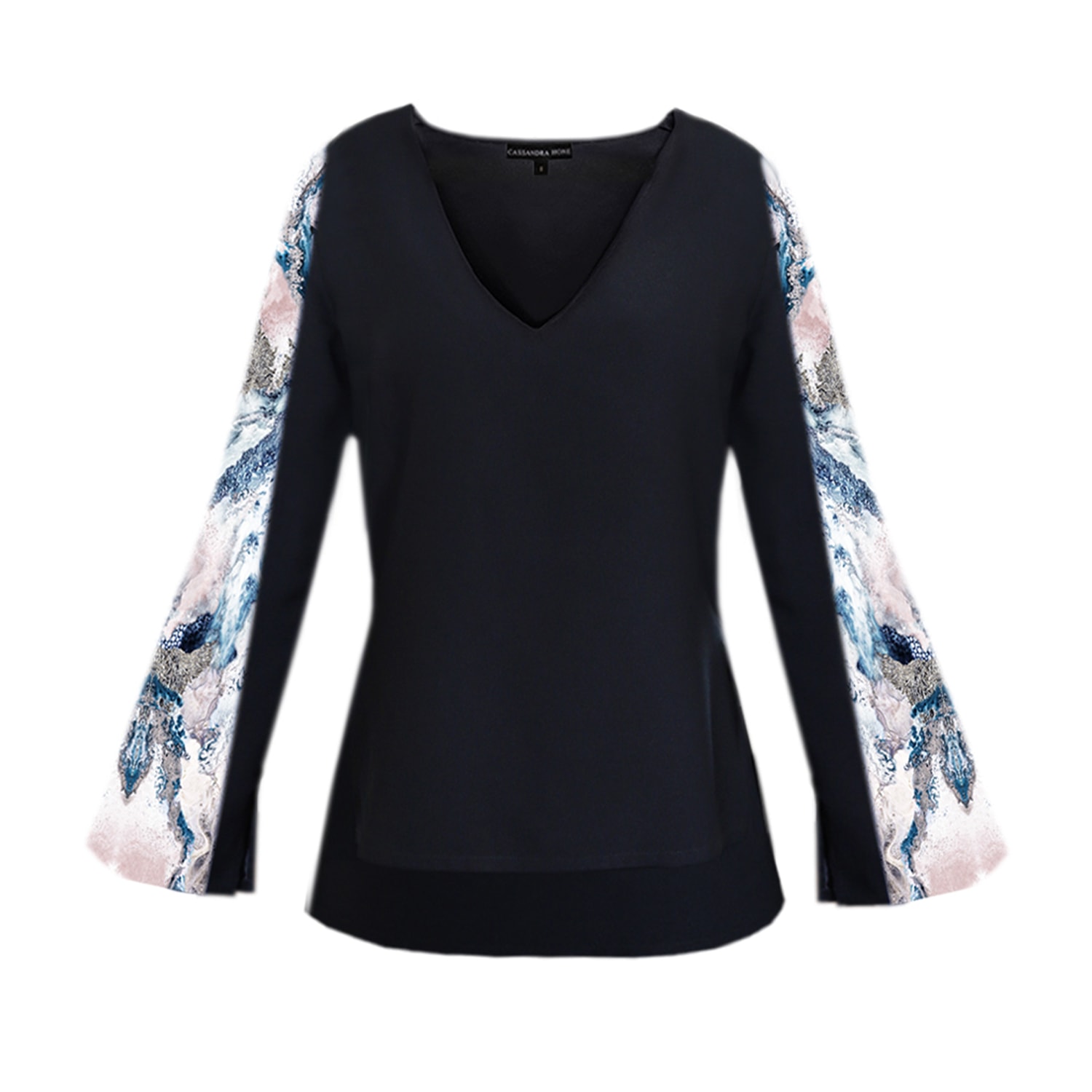 Cassandra Hone Women's Black / White / Pink Black Crepe Blouse With Silk Printed Sleeves In Black/white/pink
