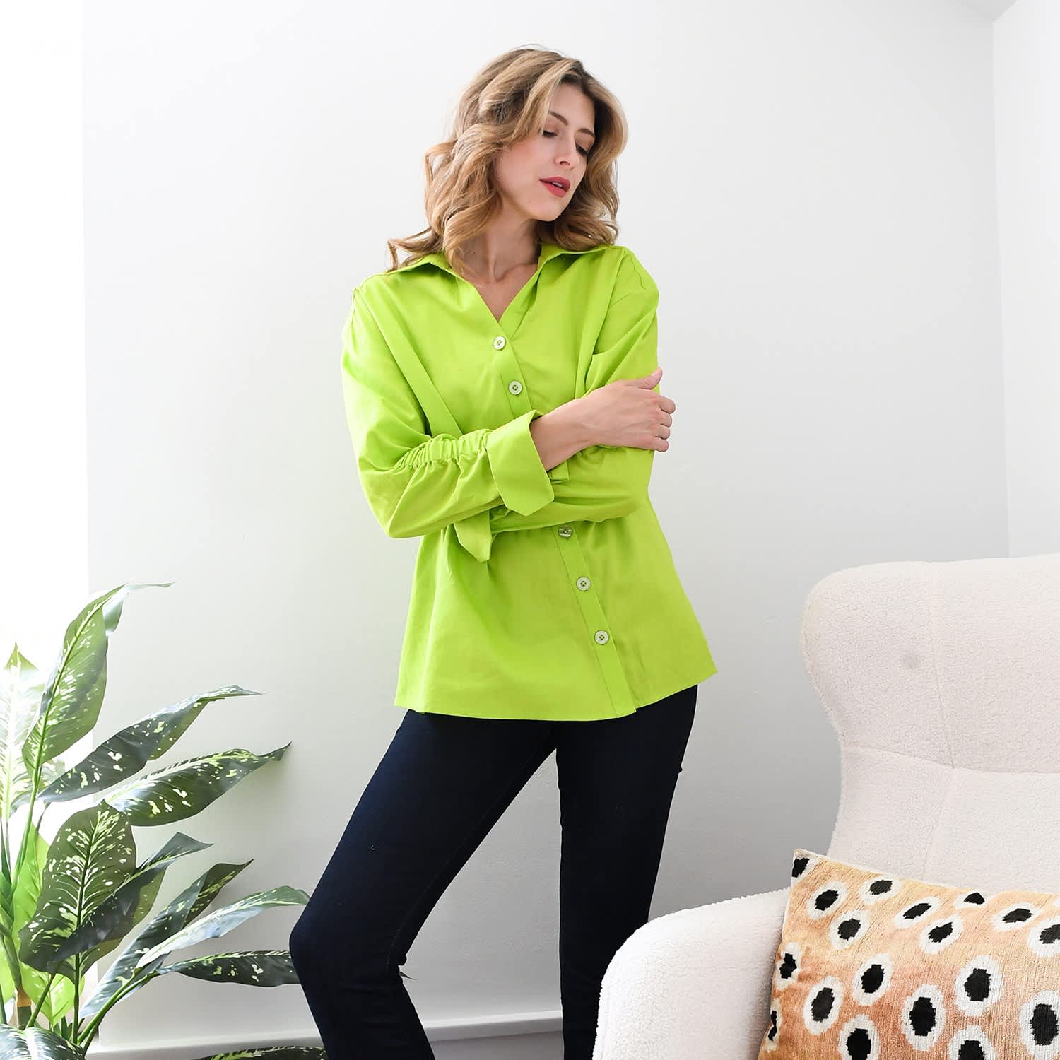 Lime Green Poplin Ruched Shirt | Style Junkiie | Wolf & Badger