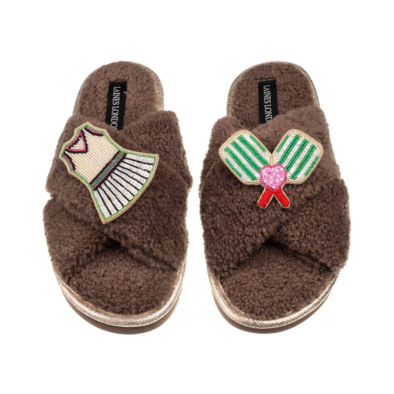 Laines London Women's Brown / Neutrals Laines Neutral Boucle Slippers With Tennis Lover Brooches - Mink In Brown