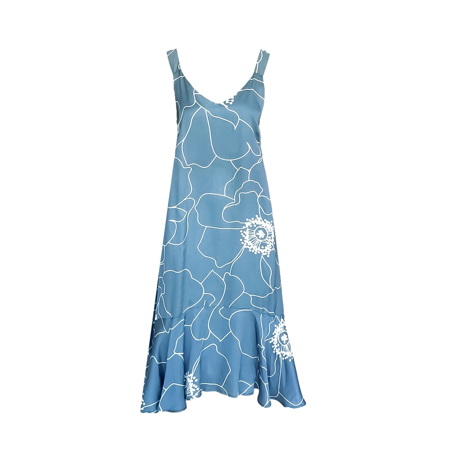 Haris Cotton Women's Printed Satin Maxi Dress With Straps And Ruffled Hem Blue Peonies