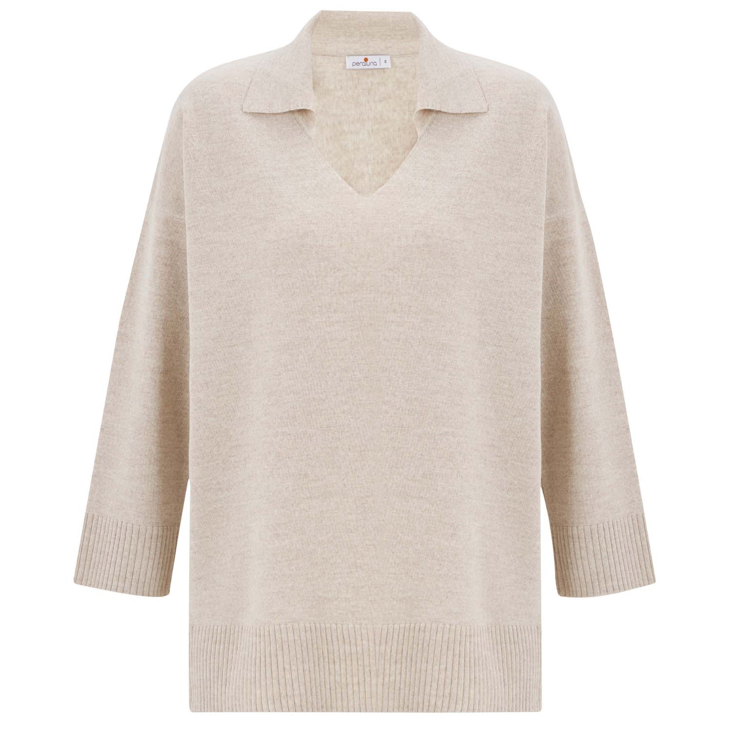 Peraluna Women's Neutrals Polo V Neck Wide Sleeve Loose Fit Knit Pullover - Ecru Melange In Beige
