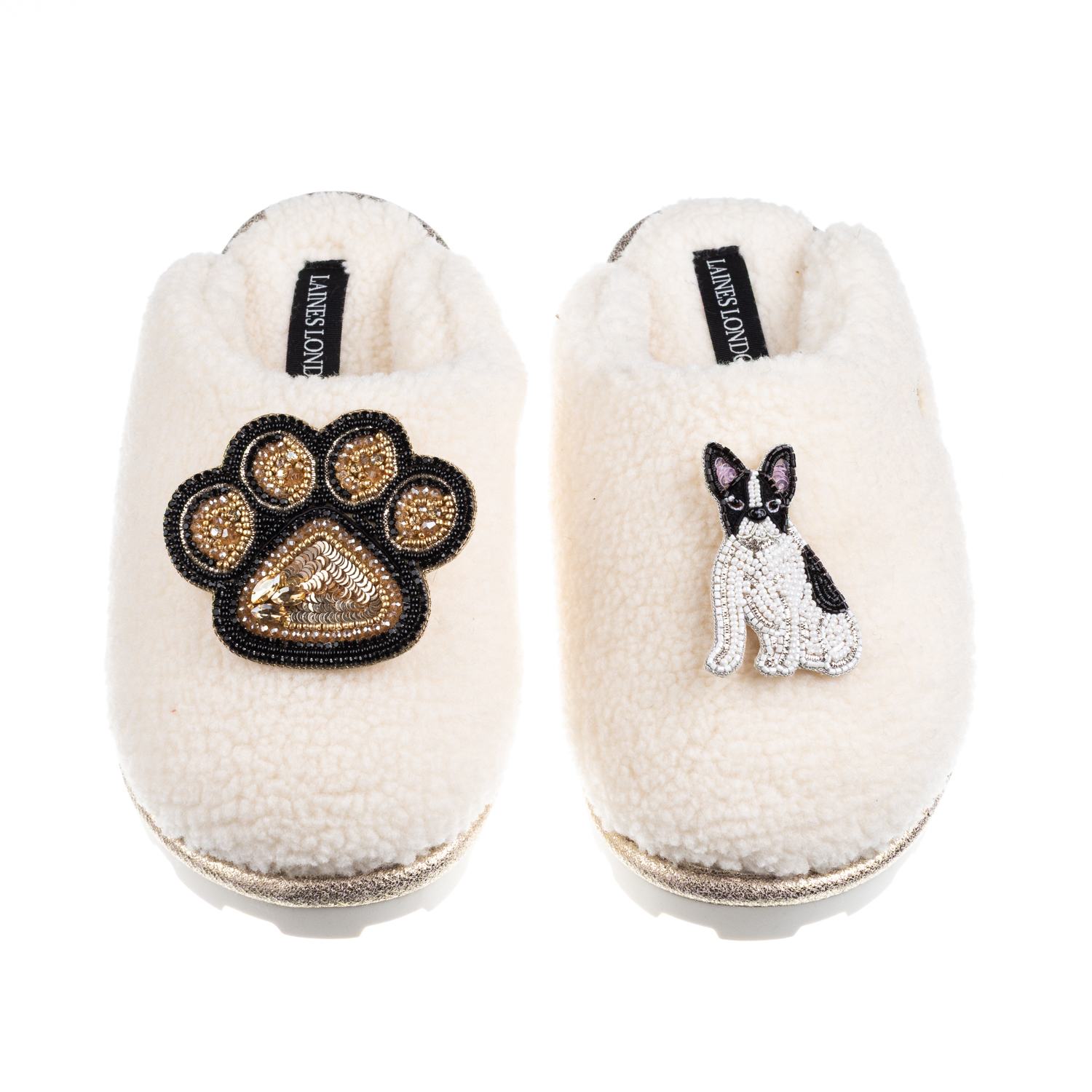 Laines London Women's Neutrals / White Teddy Closed Toe Slippers With Paw & Black & White Sitting French Bulldog B In White
