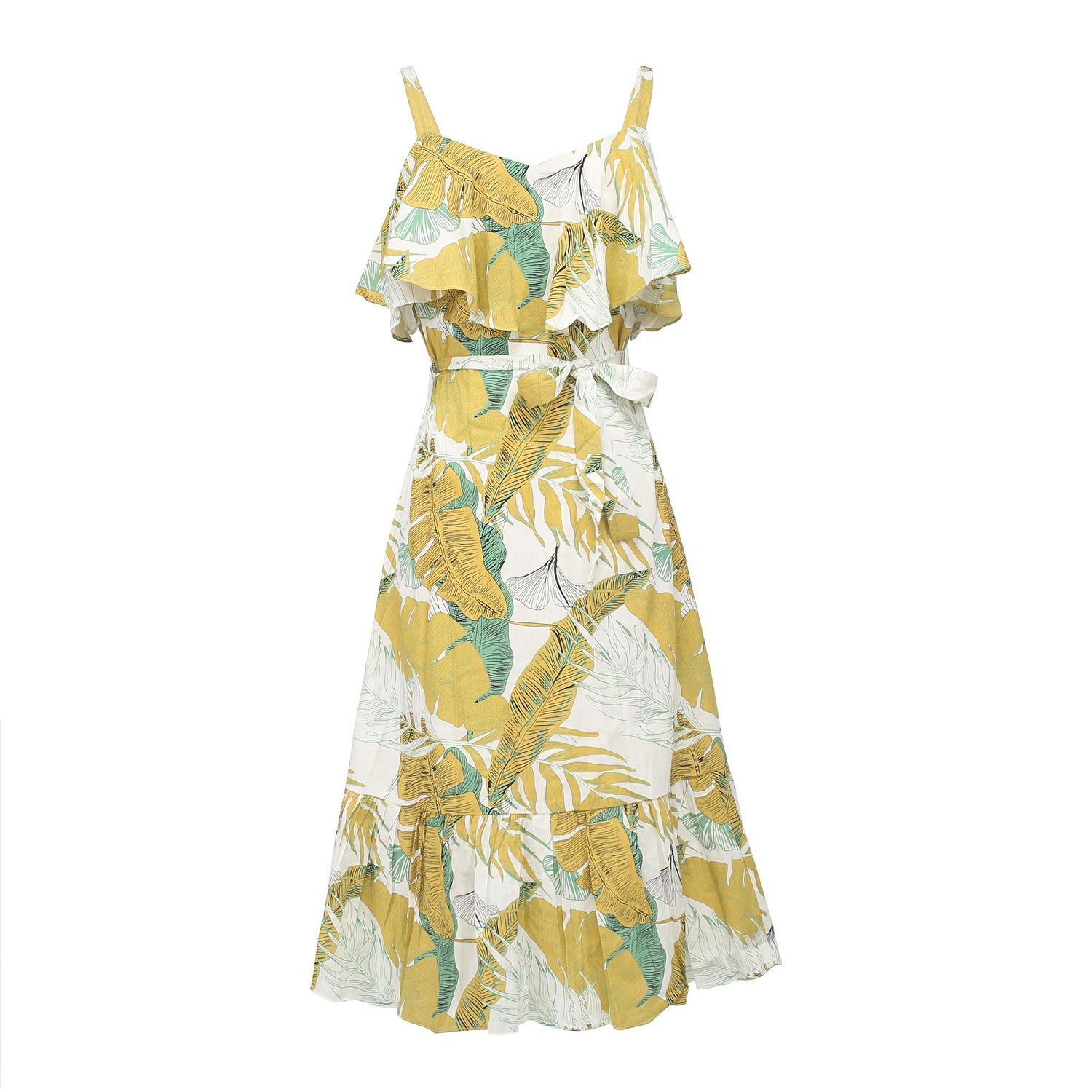 Women’s Yellow / Orange Tropical Printed Trapeze Dress With Ruffles And Thin Straps Small Smart and Joy