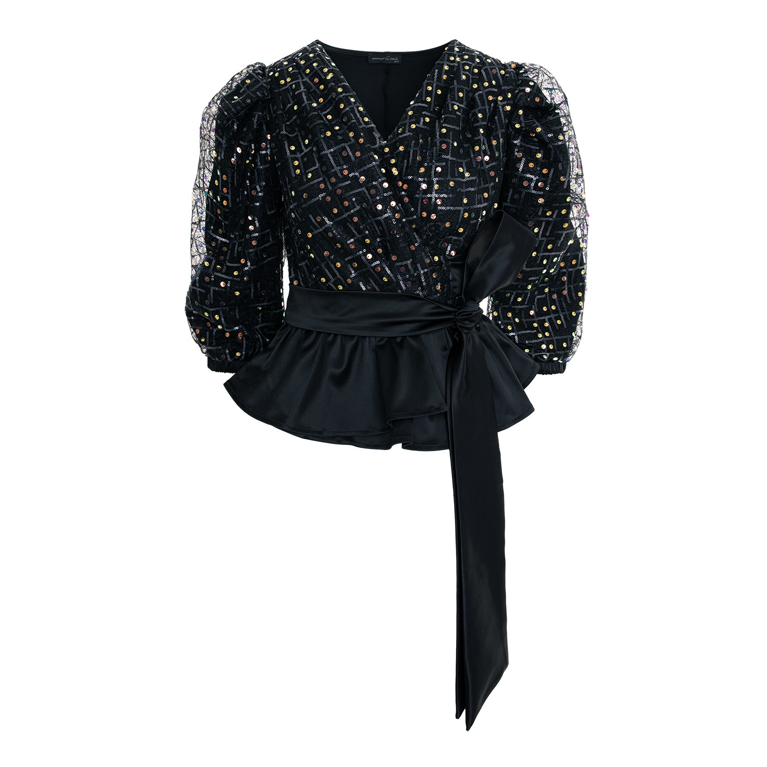 Concept A Trois Women's Black Sequin Top With Puff Sleeves In Black