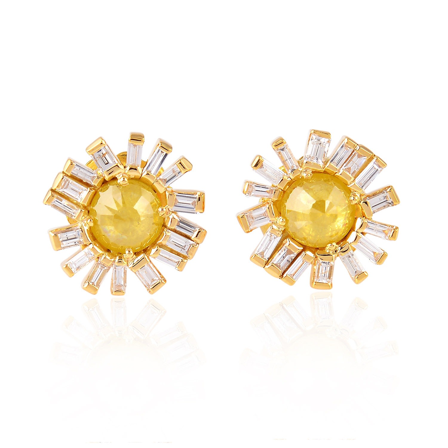 Artisan Women's Gold / White / Brown Natural Baguette Ice Diamond Stud Earrings In Yellow Gold In Gold