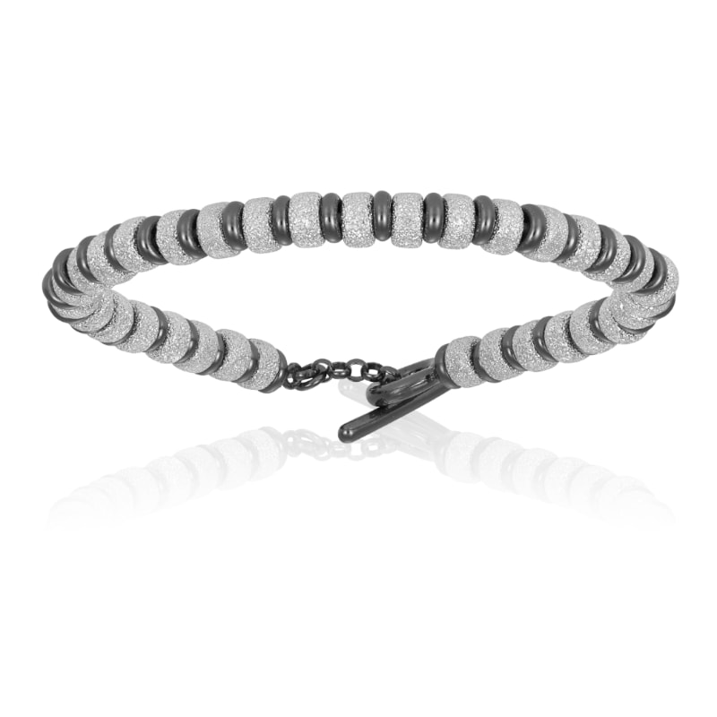 Men’s Silver White Gold Bracelet With Black Pvd Big Beads Unisex Double Bone Bracelets