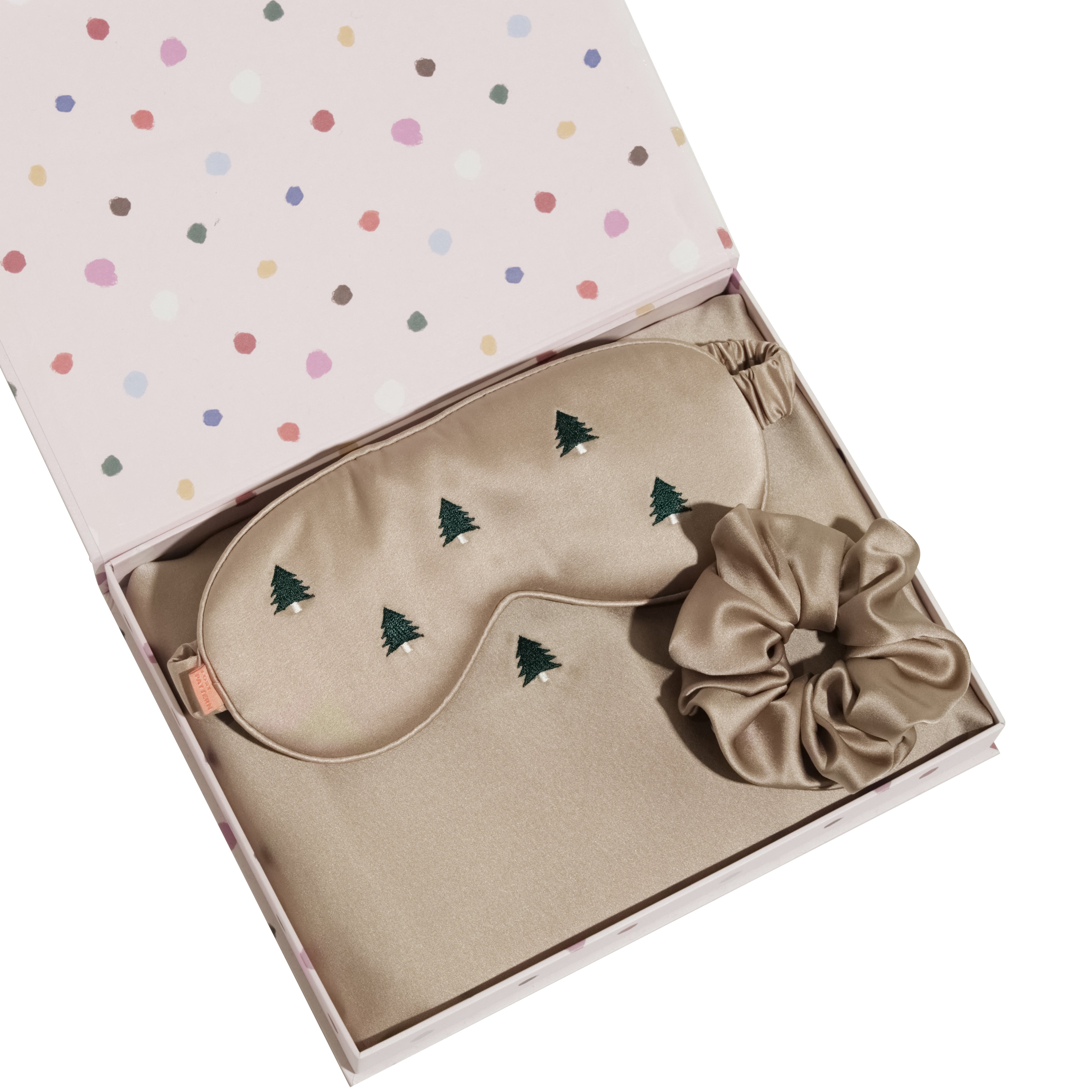 Grey Evergreen 3 Piece Silk Gift Set - Silk Pillowcase & Silk Sleep Eye Mask & Silk Scrunchie Lost Pattern Nyc