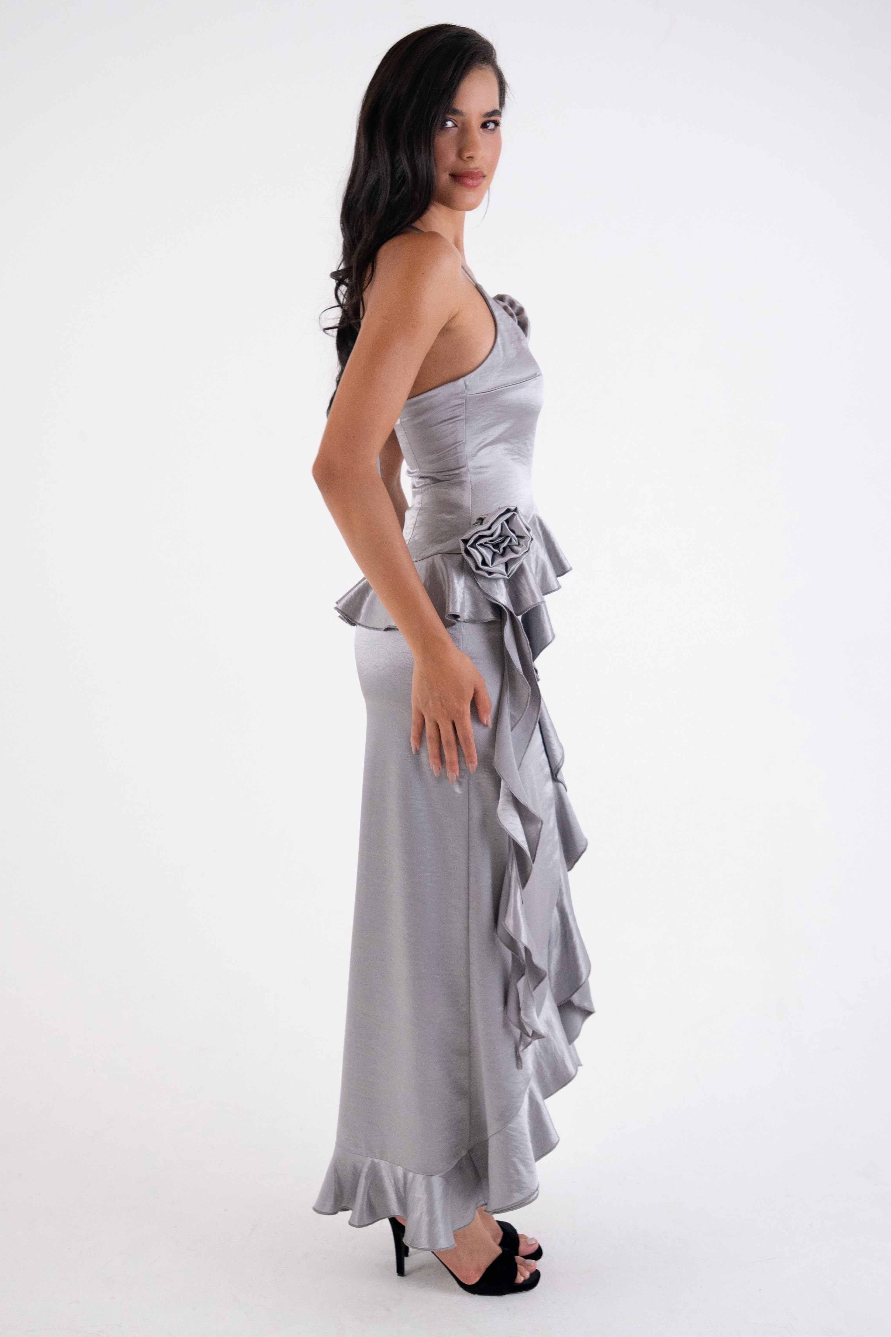 Susie Silver Satin Ruffle Maxi Skirt | AMY LYNN | Wolf & Badger