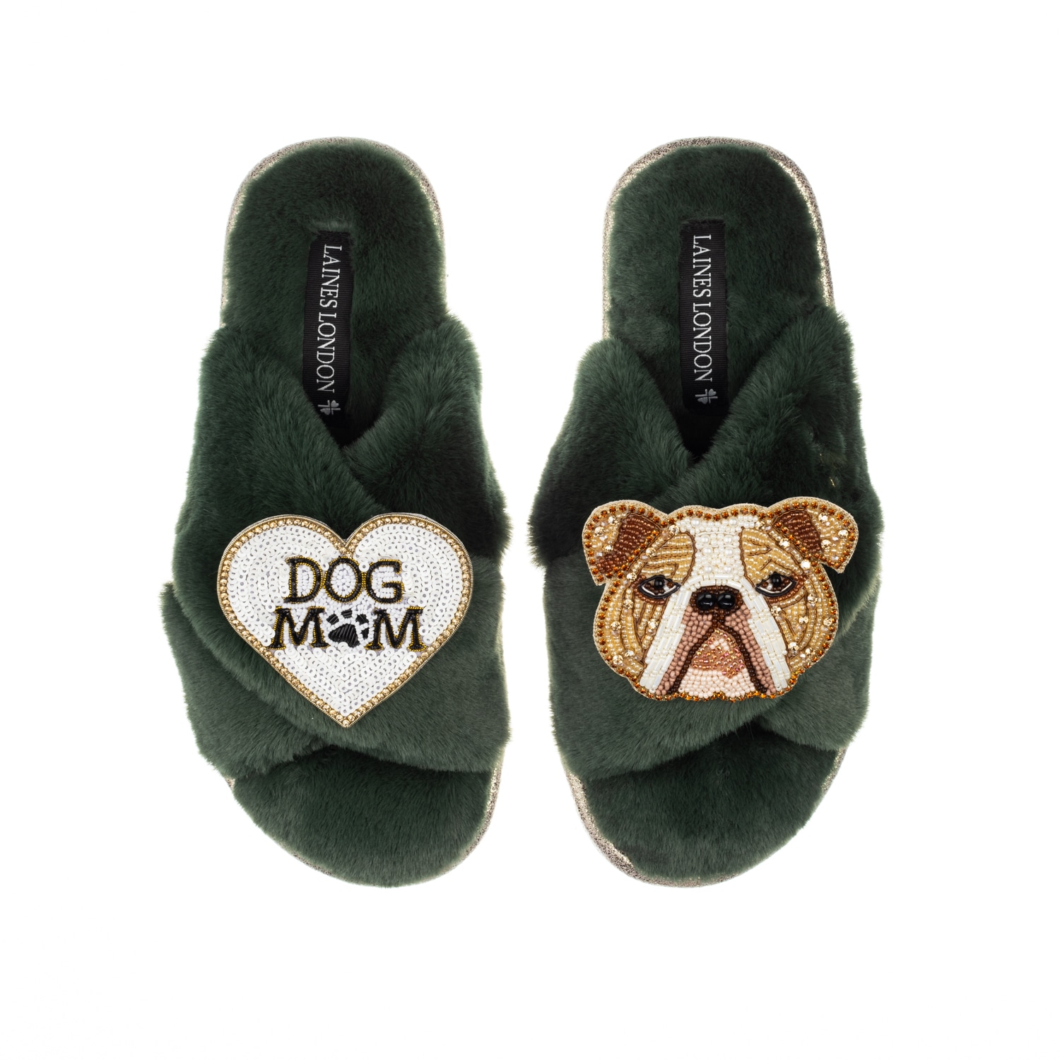 Laines London Women's Classic Laines Slippers With Mr Beefy & Dog Mum / Mom Brooches - Limited Edition Green In Green