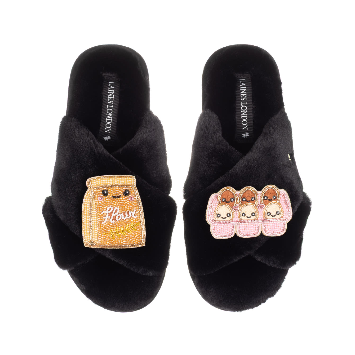 Laines London Women's Classic Slippers With Laines Lovables Eggs & Flour Brooches - Black In Black