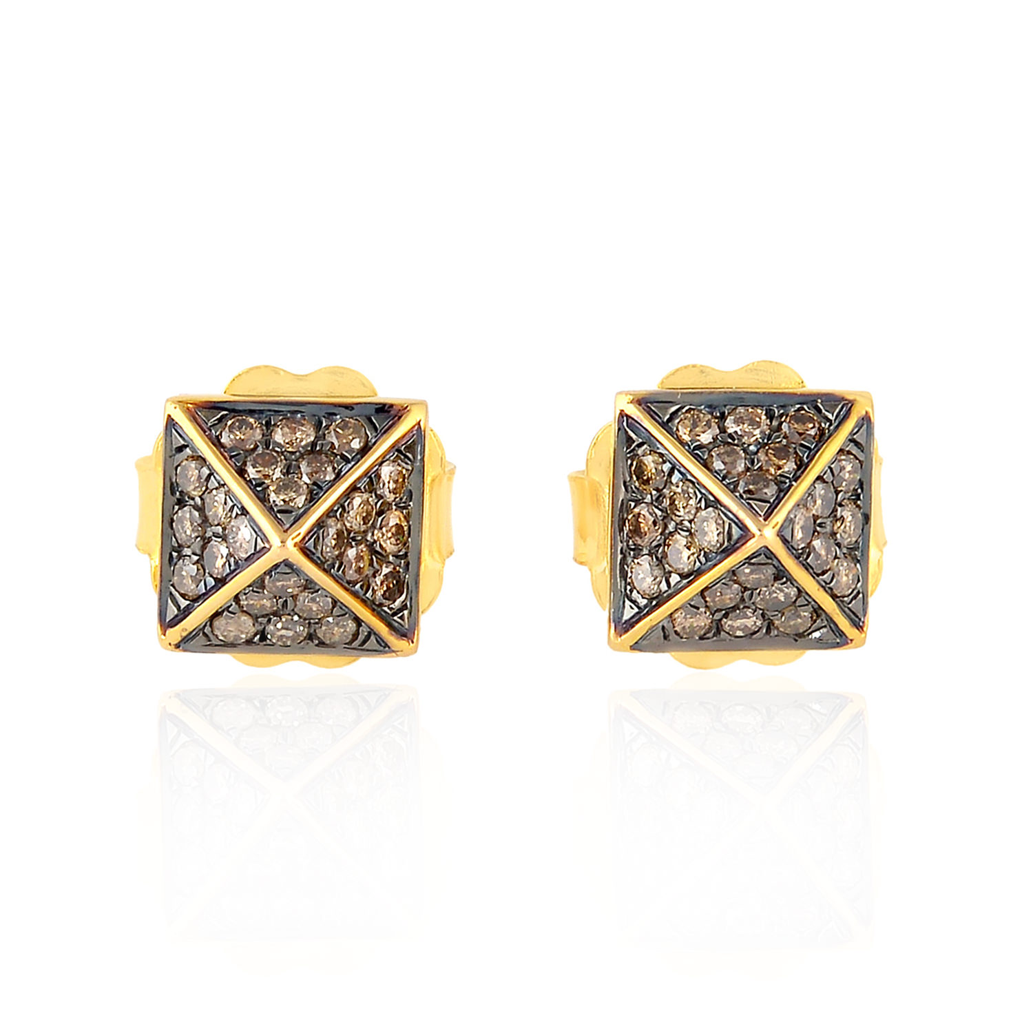 Women’s Gold / Brown Colored Diamond Micro Pave In 18K Yellow Gold Pyramid Shape Stud Earrings Artisan