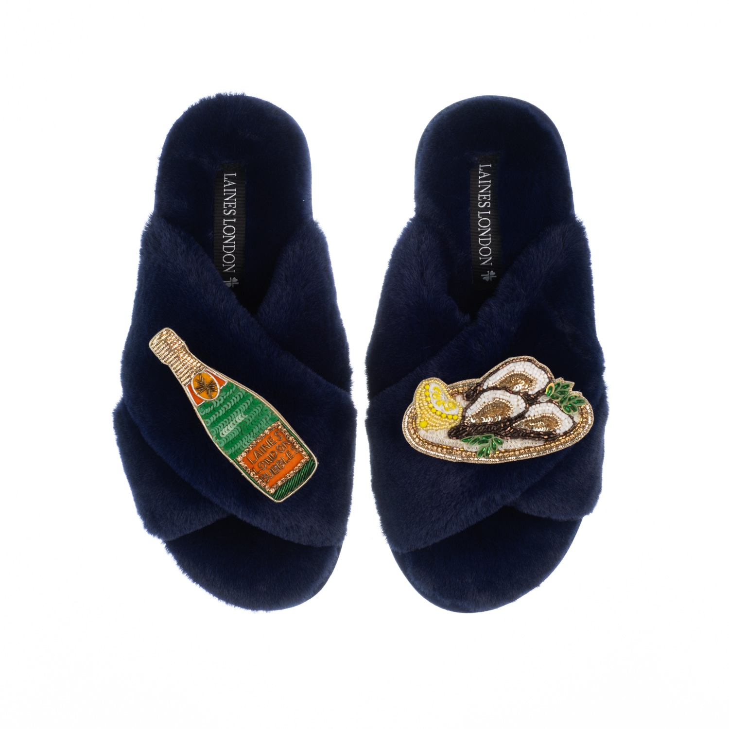 Women’s Blue Classic Laines Slippers With Oysters & Champers - Navy Medium Laines London