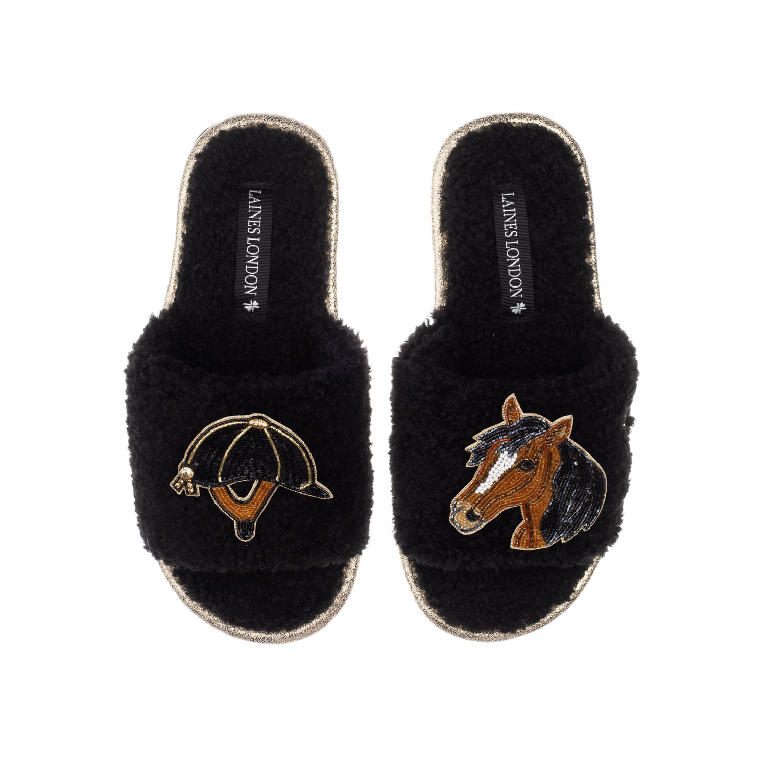 Laines London Women's Teddy Towelling Slipper Sliders With Horse & Riding Hat Brooches - Black In Black