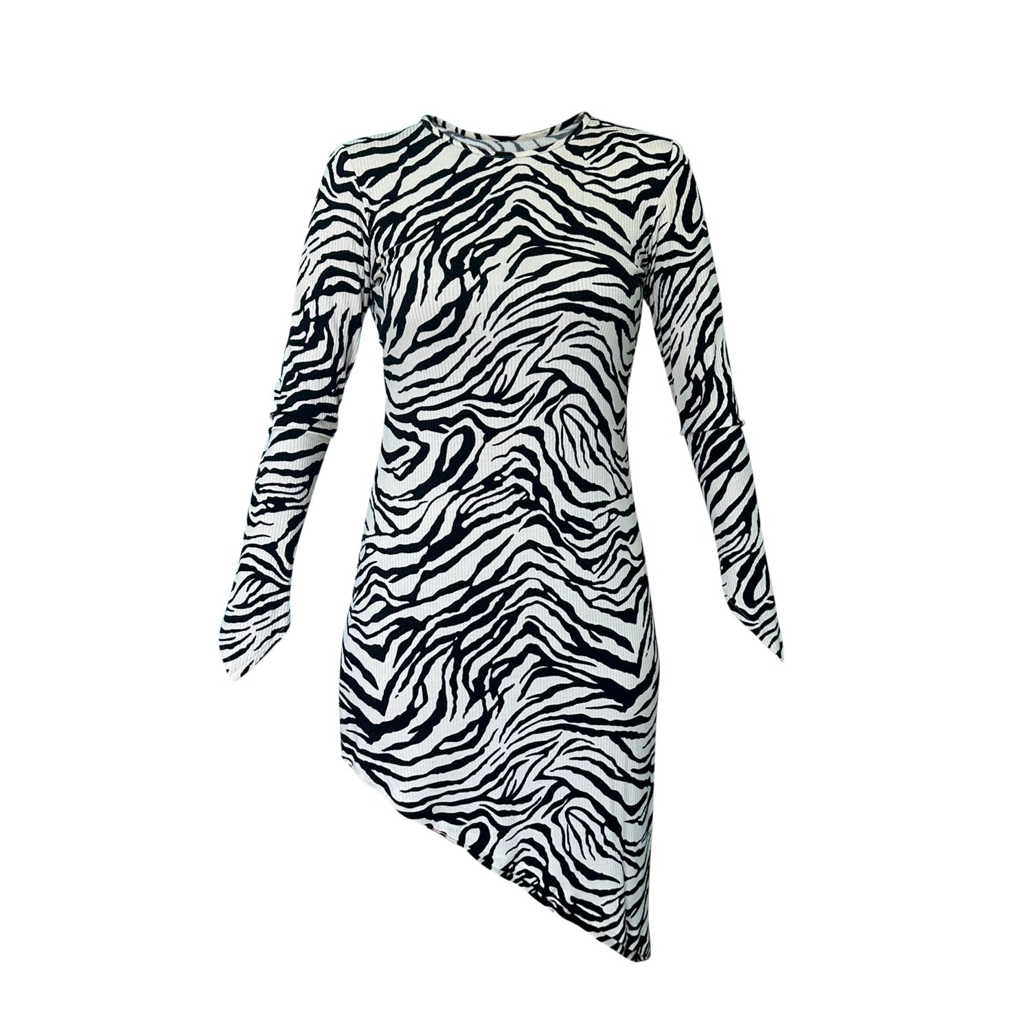 Janara Jones Women's Zebra Print Cotton Jersey Long Sleeve Asymmetric Bodycon Mini Dress