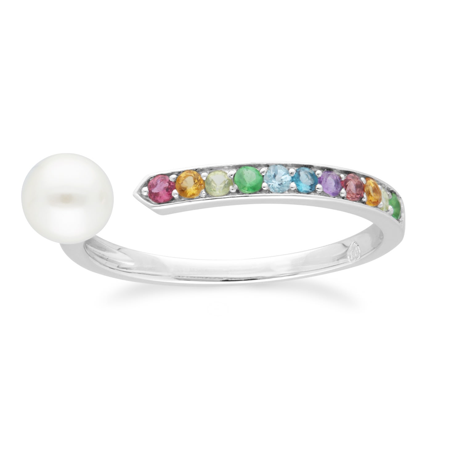 Women’s Rainbow Gems & Pearl Open Ring In Sterling Silver Gemondo