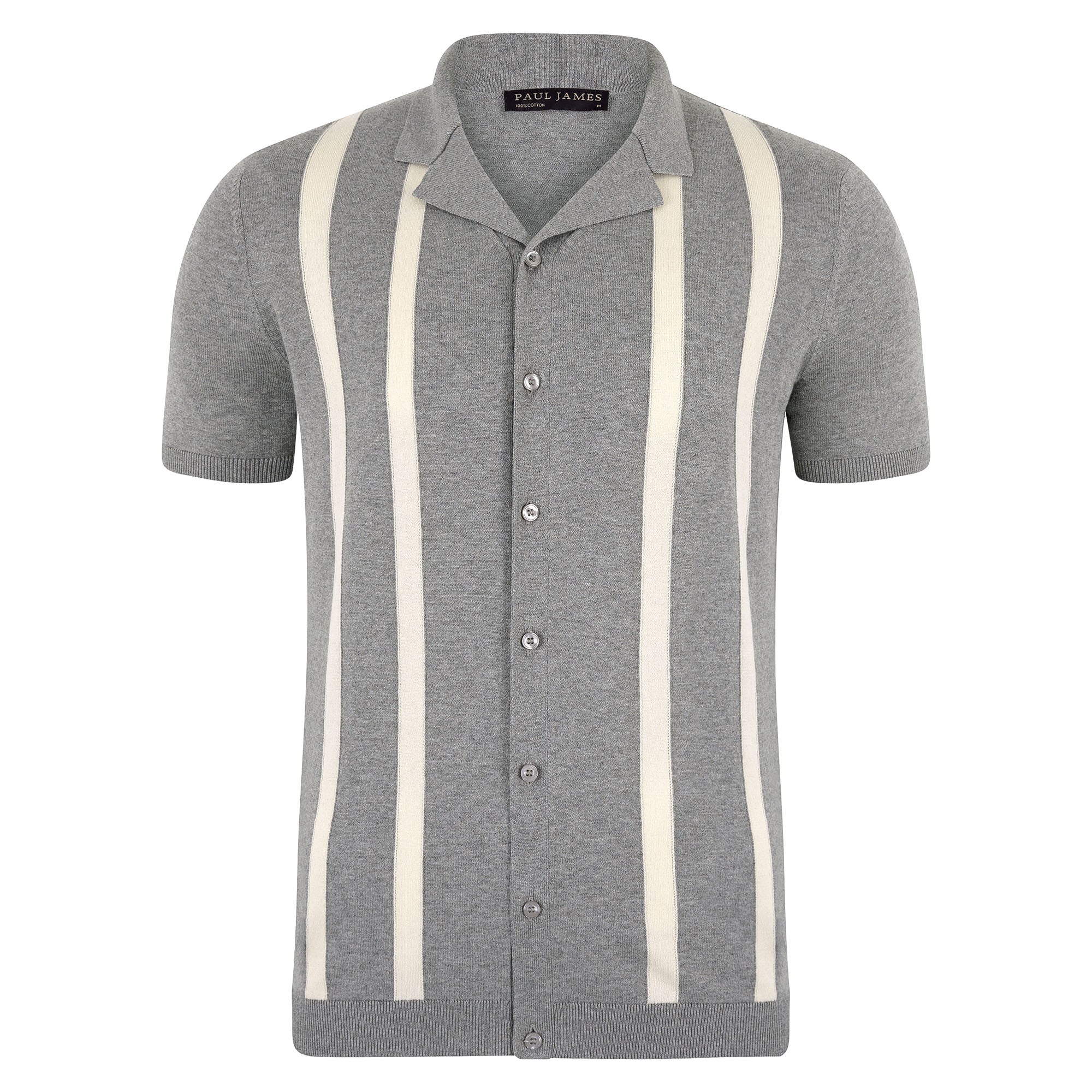Paul James Knitwear Mens Ultra Fine Cotton Delgado Cuban Collar Striped Shirt - Ash Grey In Grey