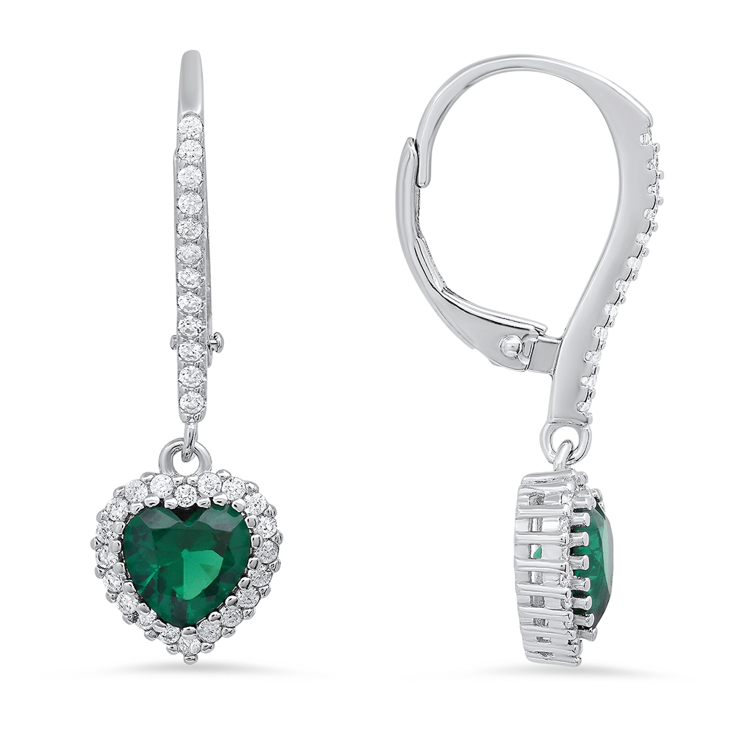Kylie Harper Women's Green May Emerald Birthstone Heart-cut Halo Leverback Earrings In Sterling Silver In Gray