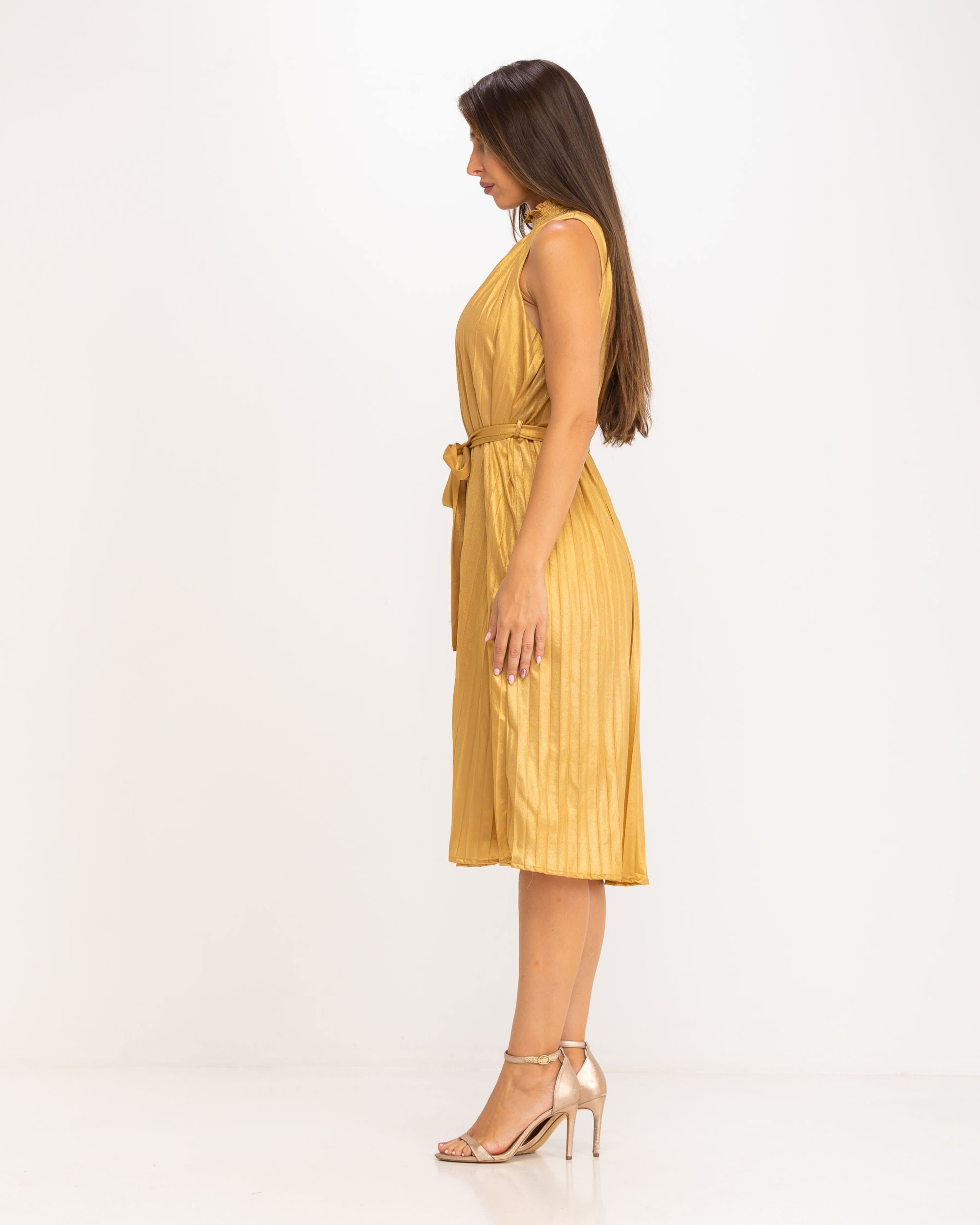 Pleated Metallic Midi Dress Gold | NIZA | Wolf & Badger