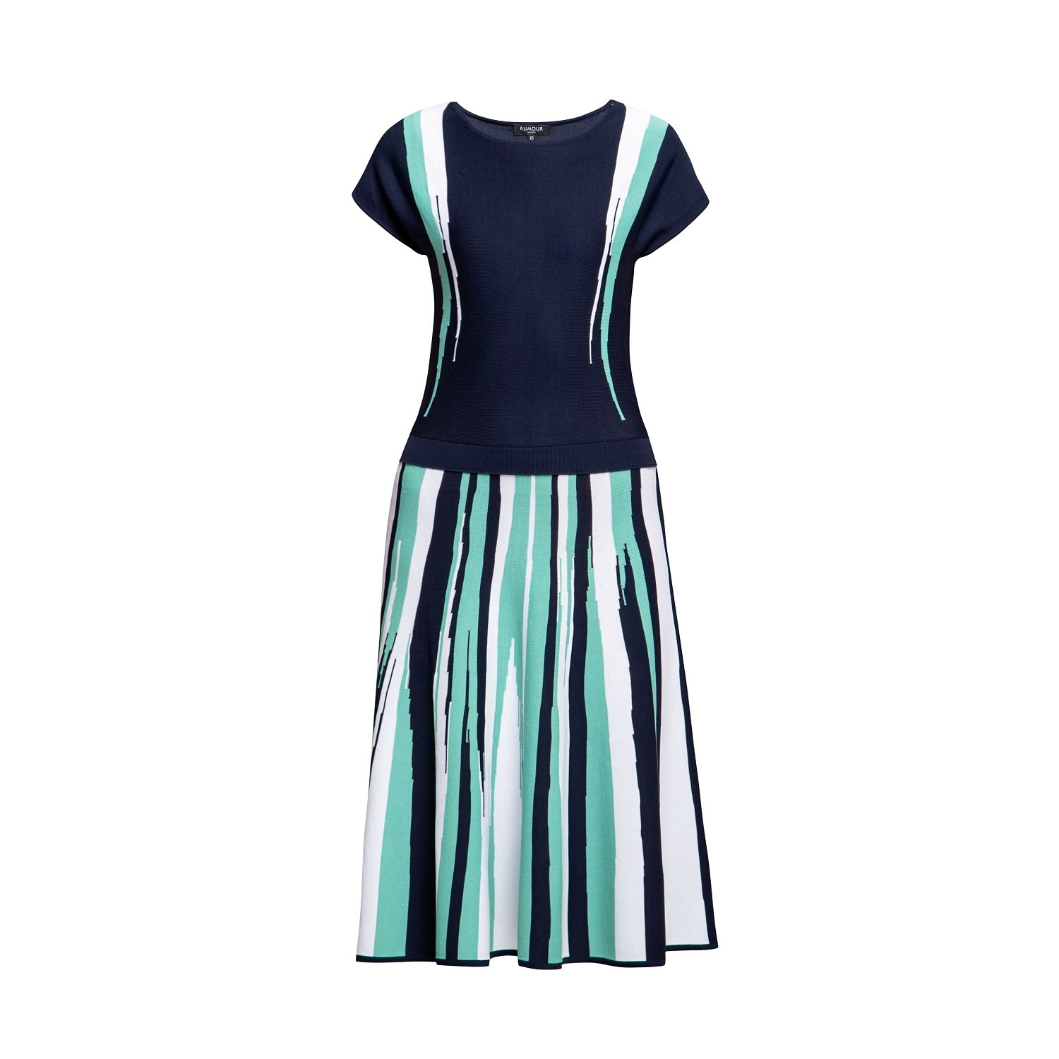 Women’s Green / Blue / White Iris Striped Knitted Fit And Flare Dress In Navy And Turquoise Large Rumour London