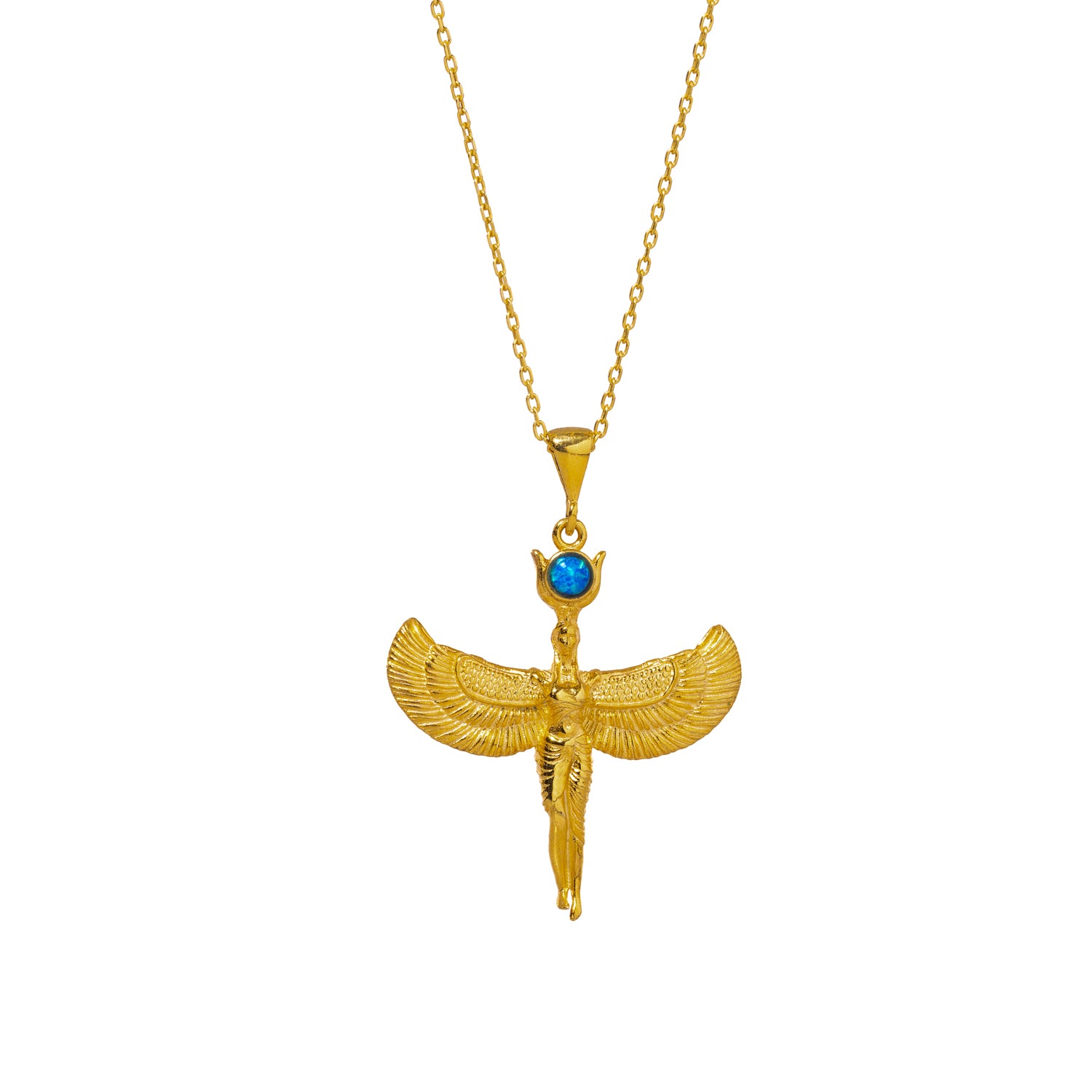 Goddess Isis Pendant Blue Opal Stone & Gold Chain Necklace Goddess Isis Pendant Blue Opal Stone & Gold Chain Necklace