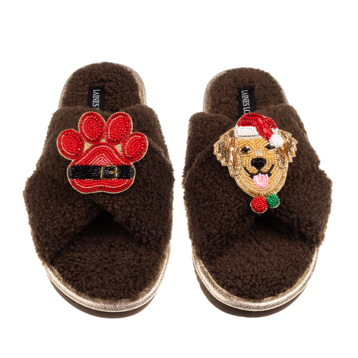 Laines London Women's Brown / Neutrals Laines Boucle Slippers With Christmas Golden Retriever & Paw Brooches - Cho In Brown