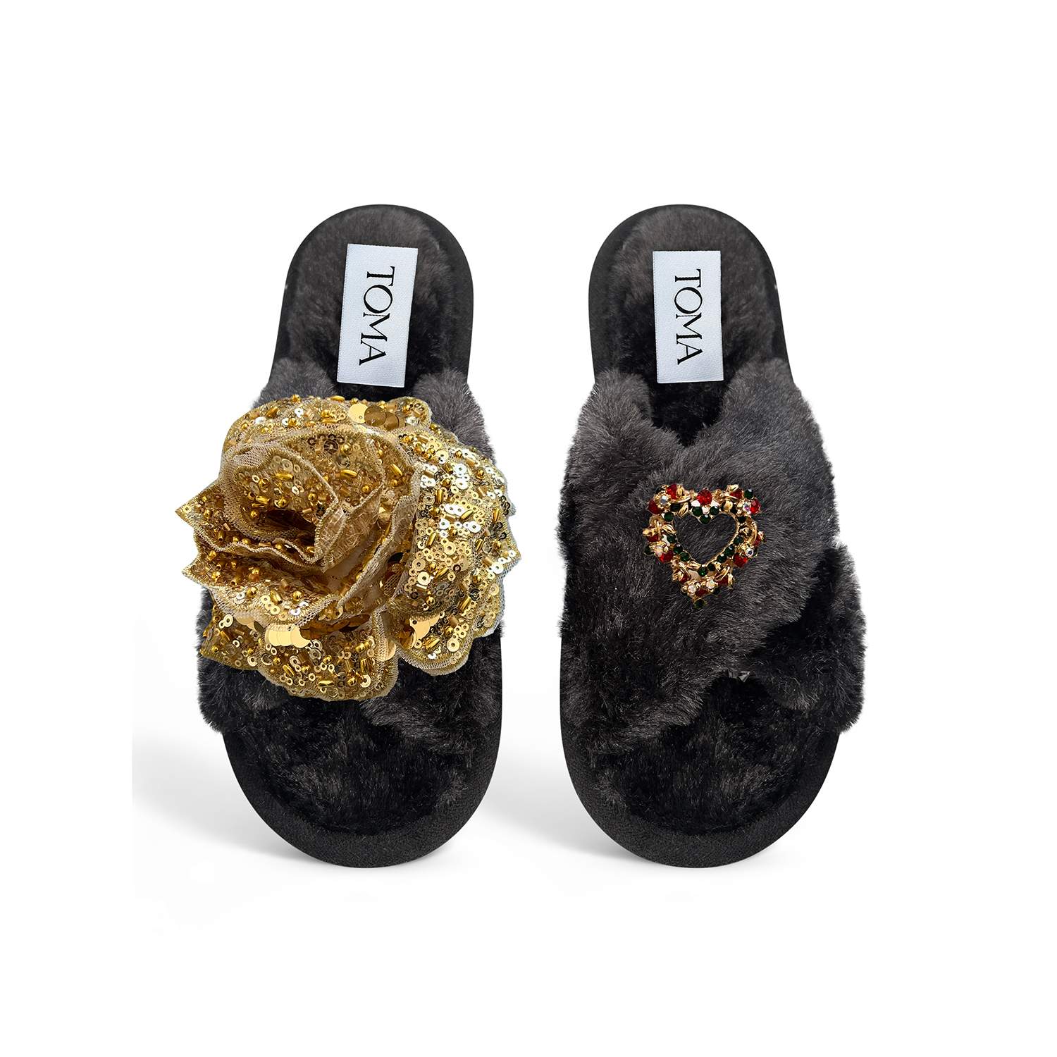 Toma Women's Classic  Faux Fur Open Toe Gold Sequin Christmas Heart Black Slippers In Black