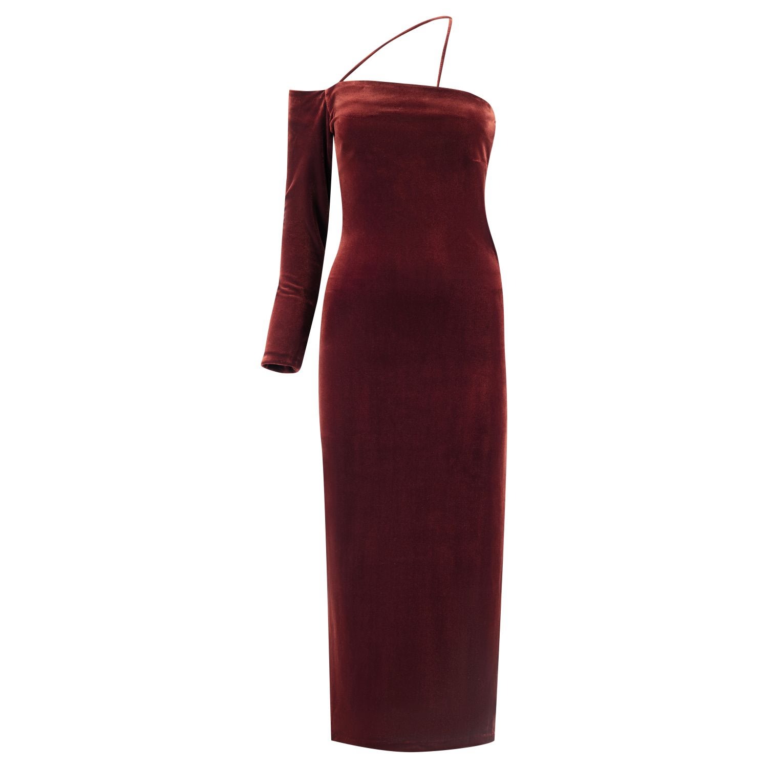 Azzalia Women's Asymmetrical Velvet Sleeves Dress With Ankle Length In Copper Velvet In Brown