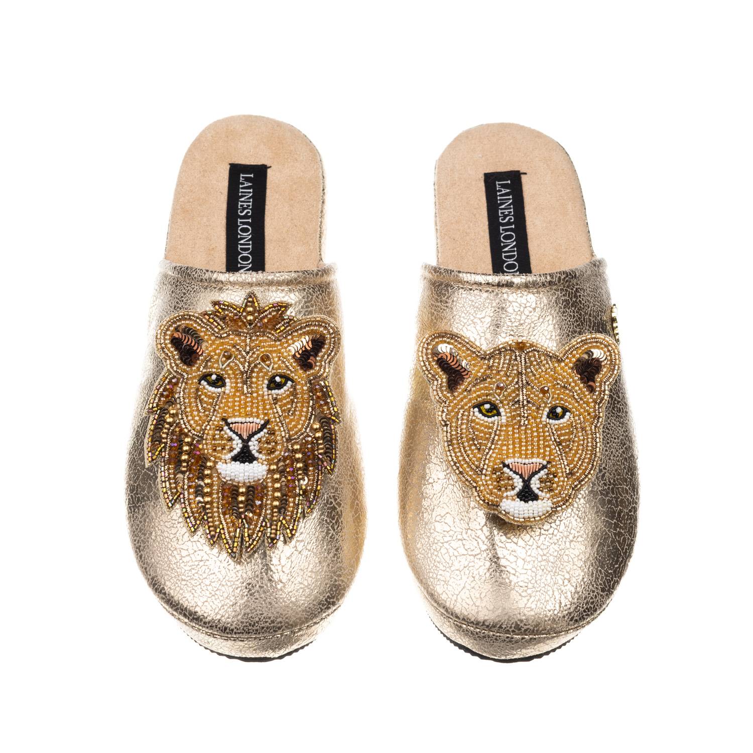 Laines London Women's  Gold Softie Slippers With Lion & Lioness Brooches In Gold
