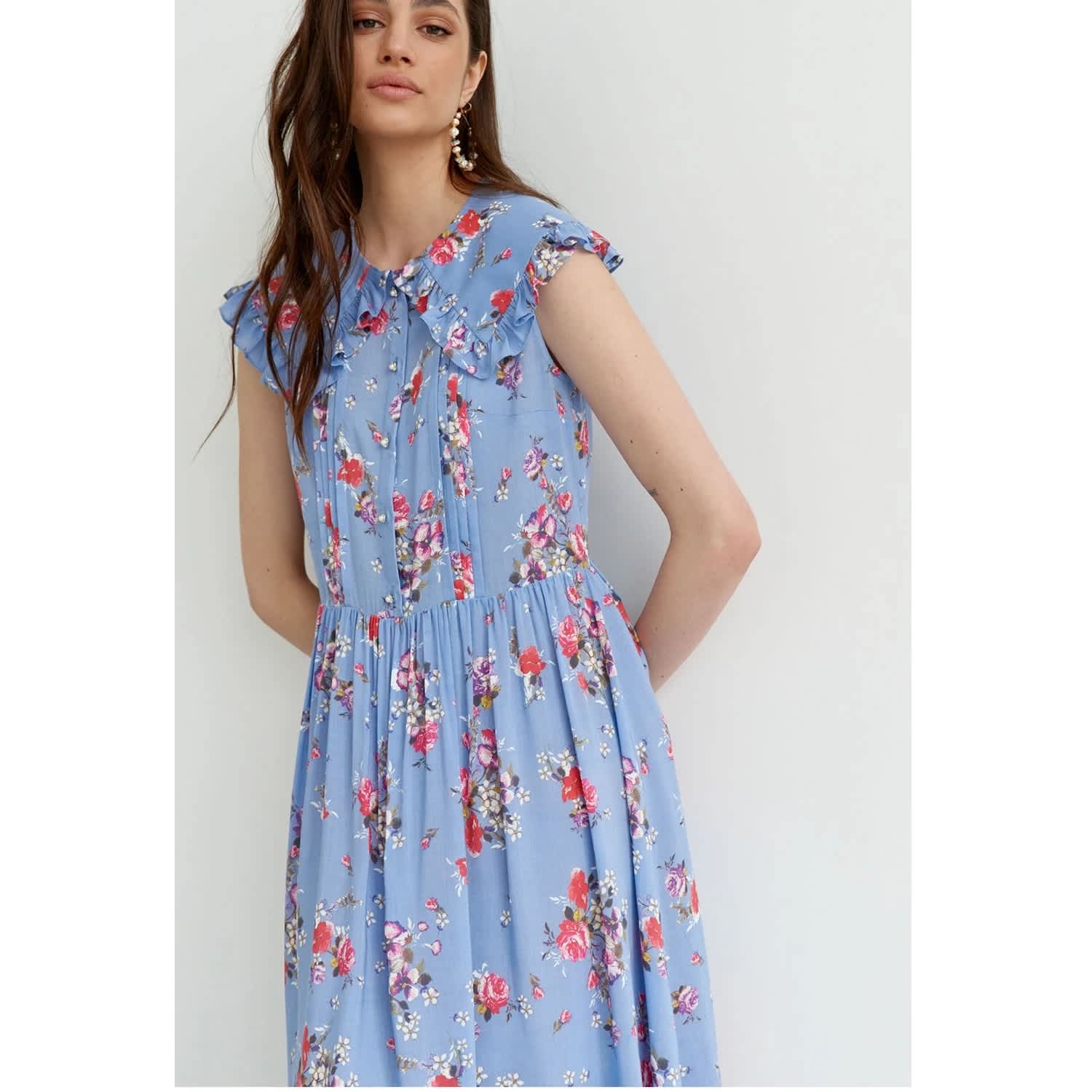 Ruffled Peter Pan Collar Midi Dress, Colors Of Papaya