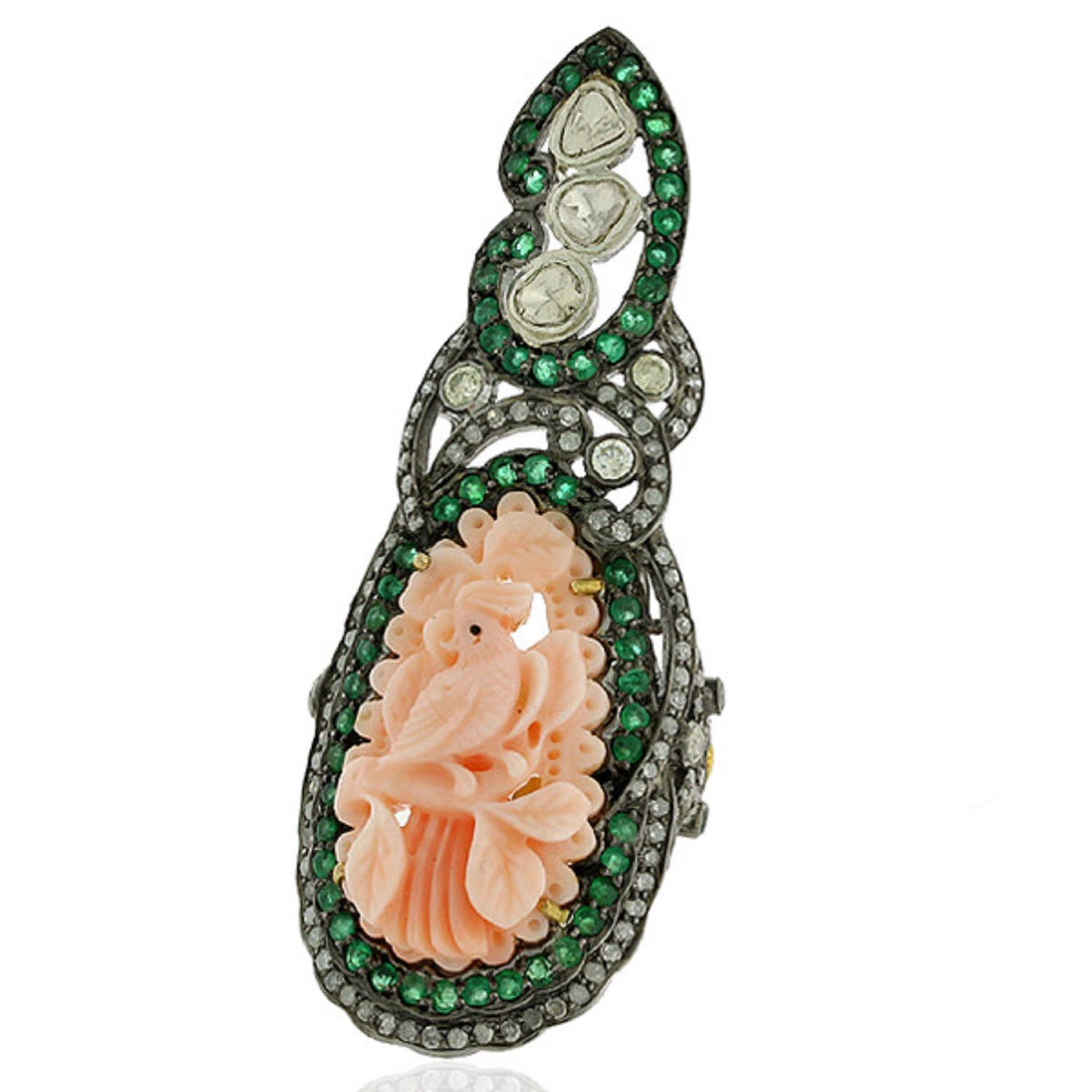 Women’s Gold / Green Carved Coral & Emerald Pave Uncut Diamond In 18K Gold With Silver Long Ring Artisan